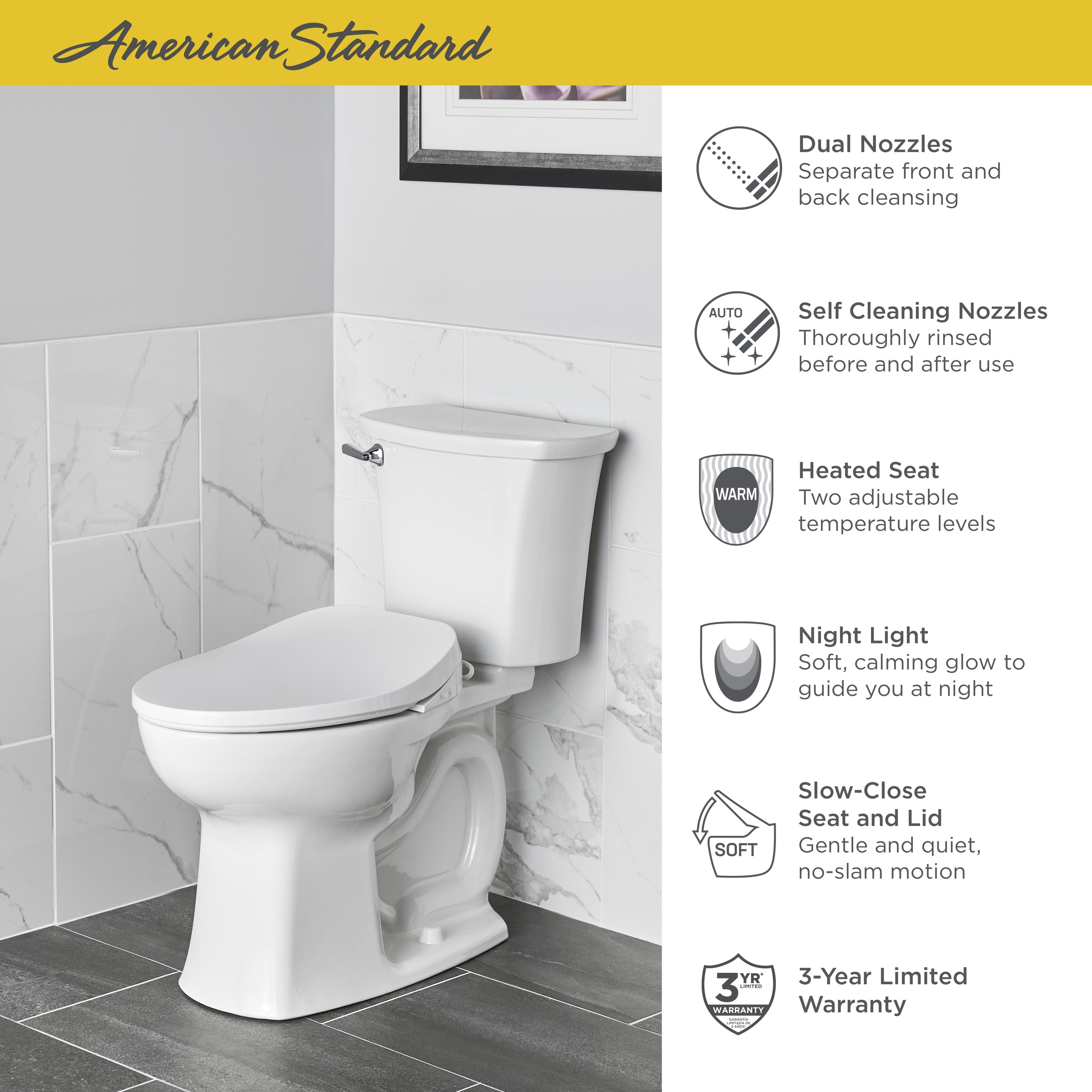 Asiento de Inodoro con Bidé American Standard AquaWash 2 Manual SpaLet de Plástico Blanco Alargado Suave con Cierre Suave y Calefacción611 8019A60GPC.020