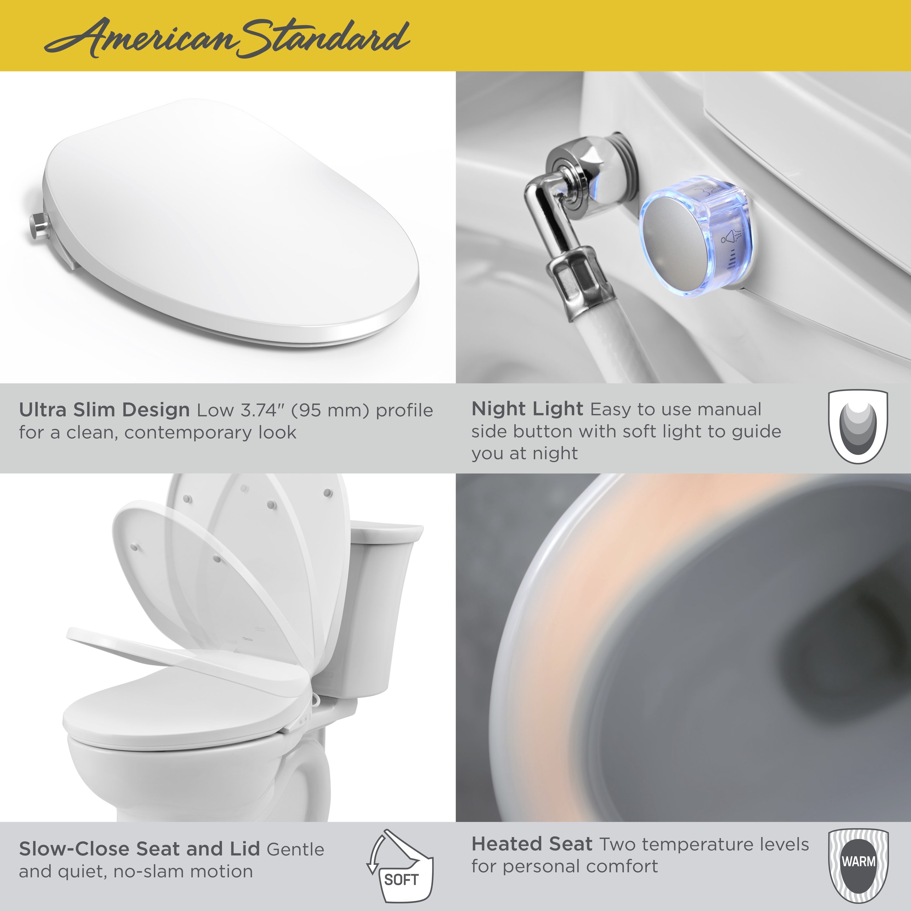 Asiento de Inodoro con Bidé American Standard AquaWash 2 Manual SpaLet de Plástico Blanco Alargado Suave con Cierre Suave y Calefacción611 8019A60GPC.020
