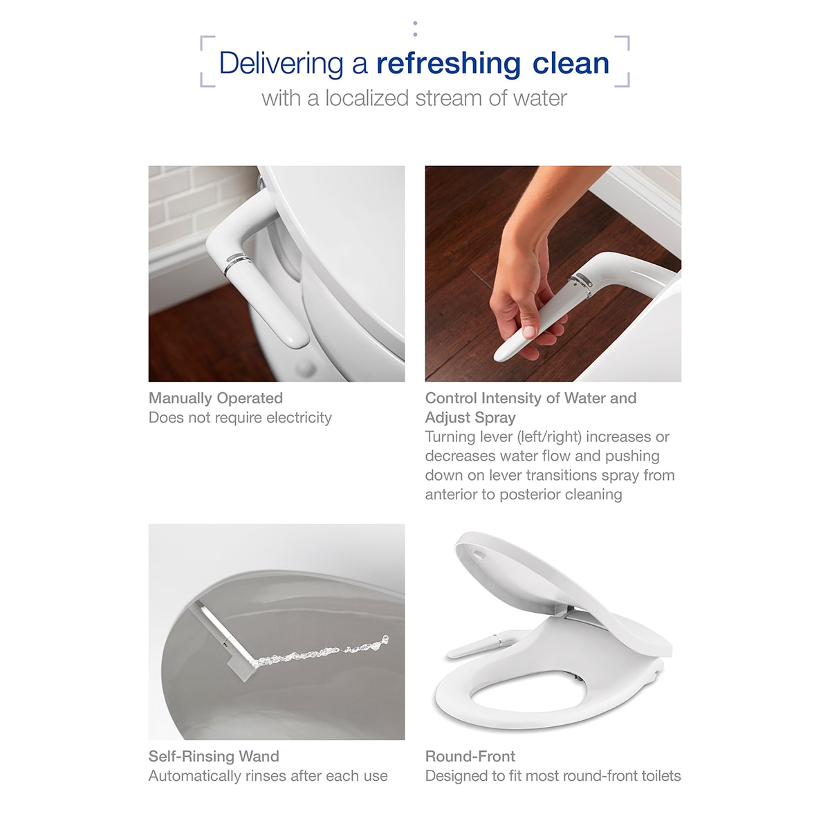 Asiento de inodoro bidet redondo de plástico blanco con cierre suave PureWash M250 de KOHLER