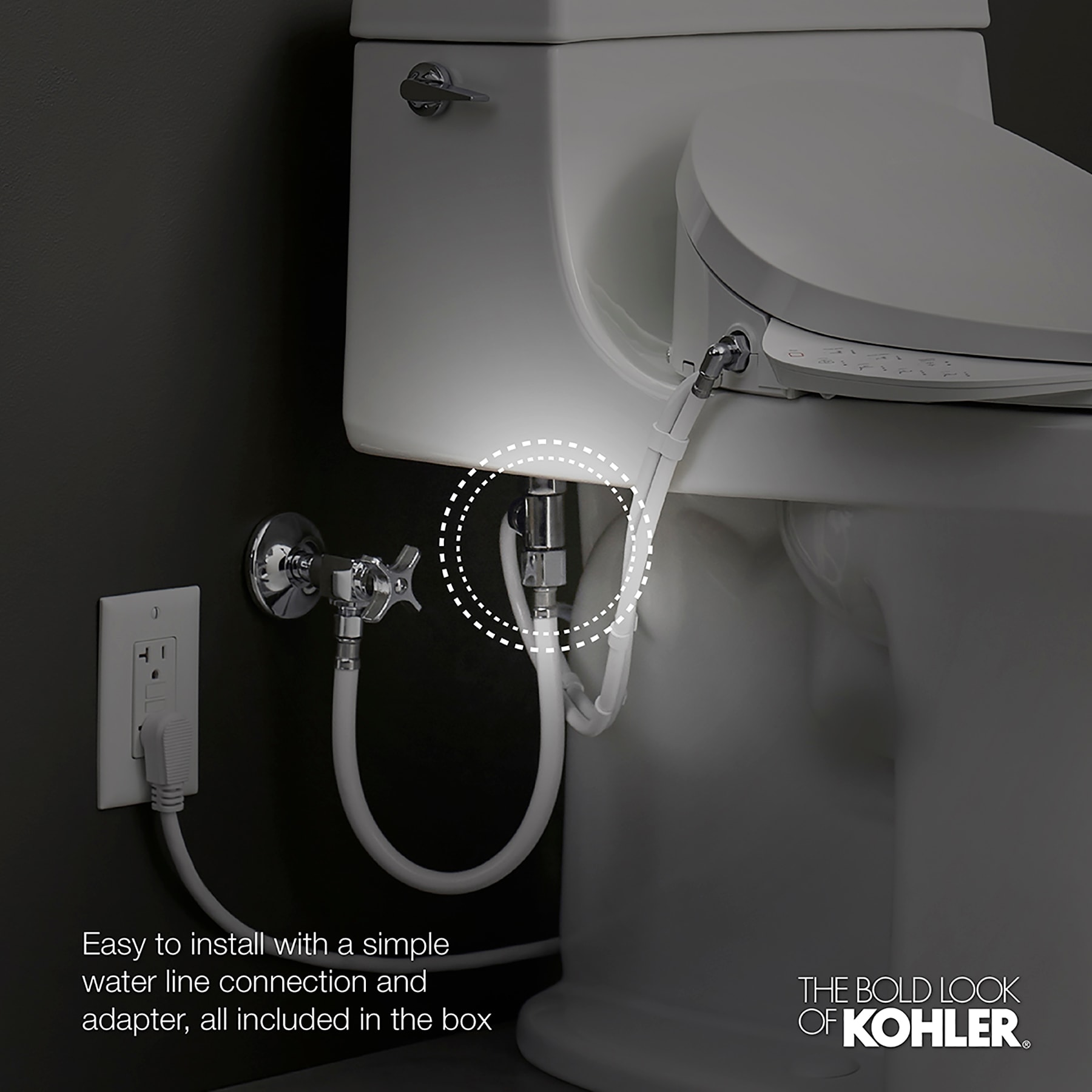 Asiento de inodoro bidet redondo de plástico blanco con cierre suave PureWash M250 de KOHLER