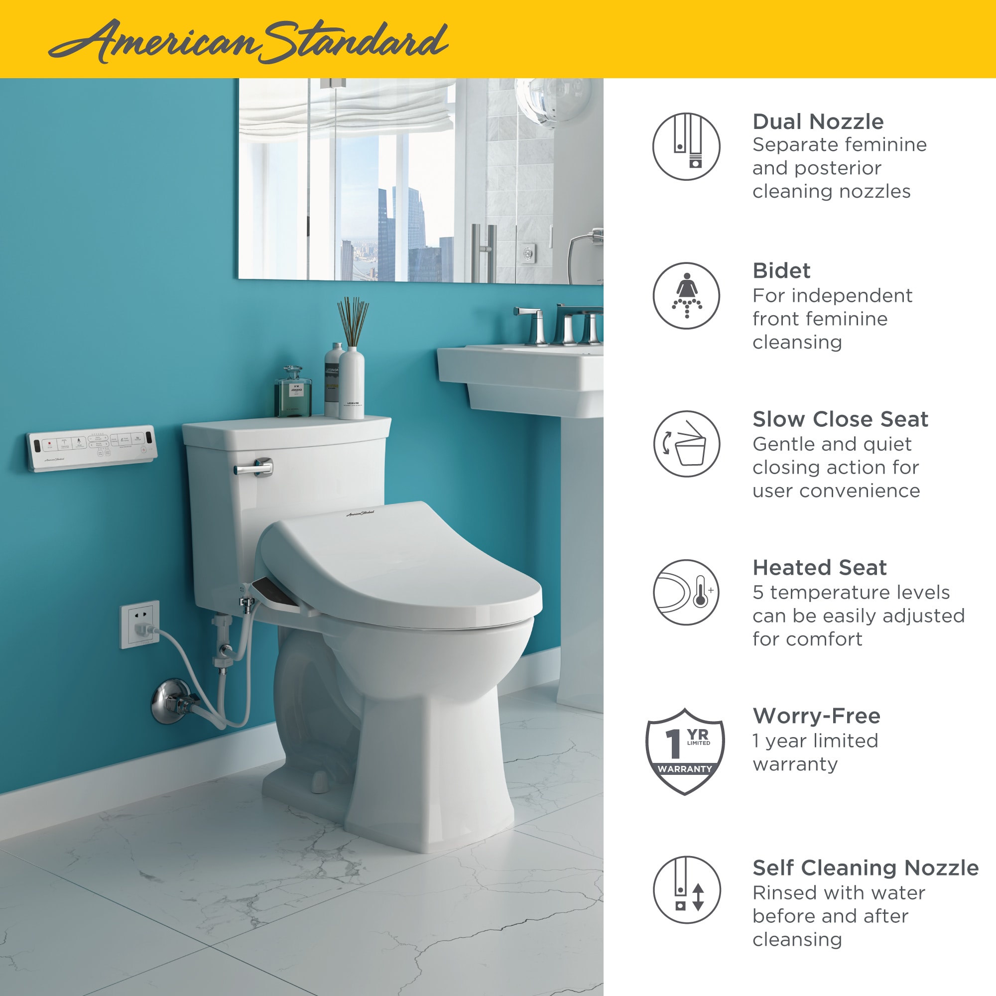 Asiento de baño con bidé eléctrico, cierre suave, calefacción y compatibilidad inteligente, color blanco, alargado, de plástico, de American Standard Spalet