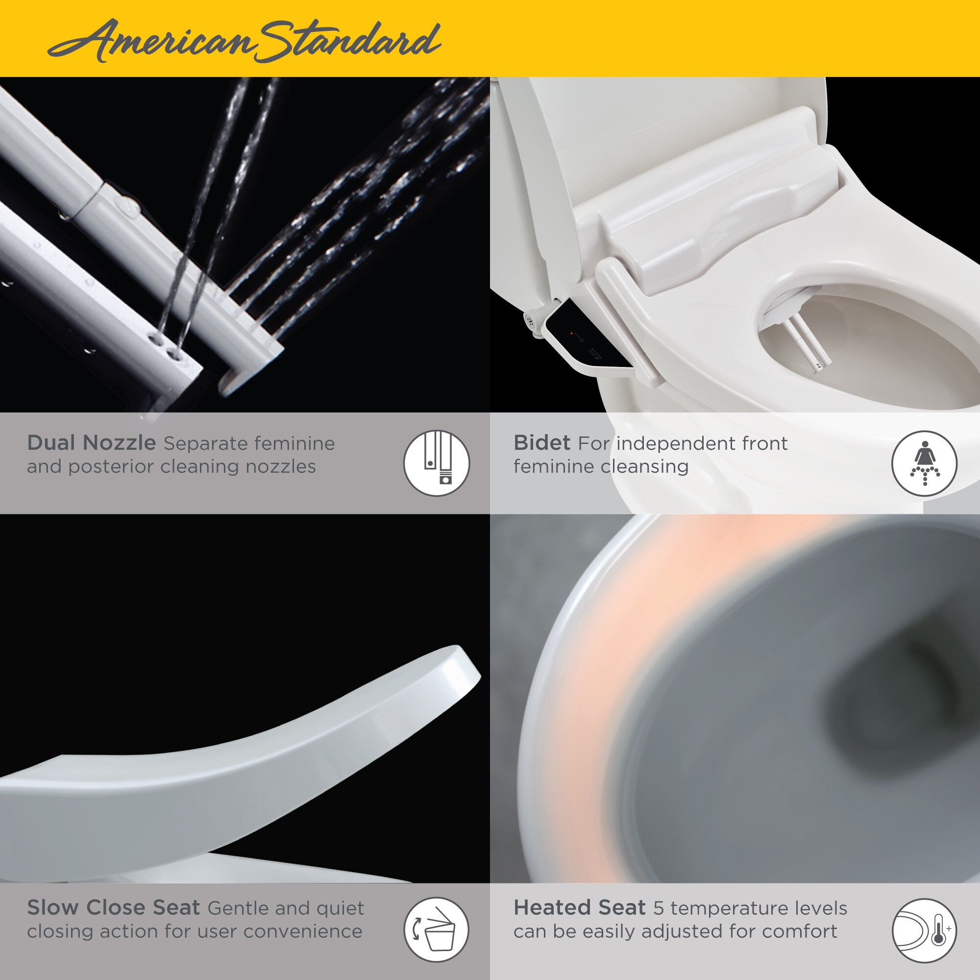 Asiento de baño con bidé eléctrico, cierre suave, calefacción y compatibilidad inteligente, color blanco, alargado, de plástico, de American Standard Spalet