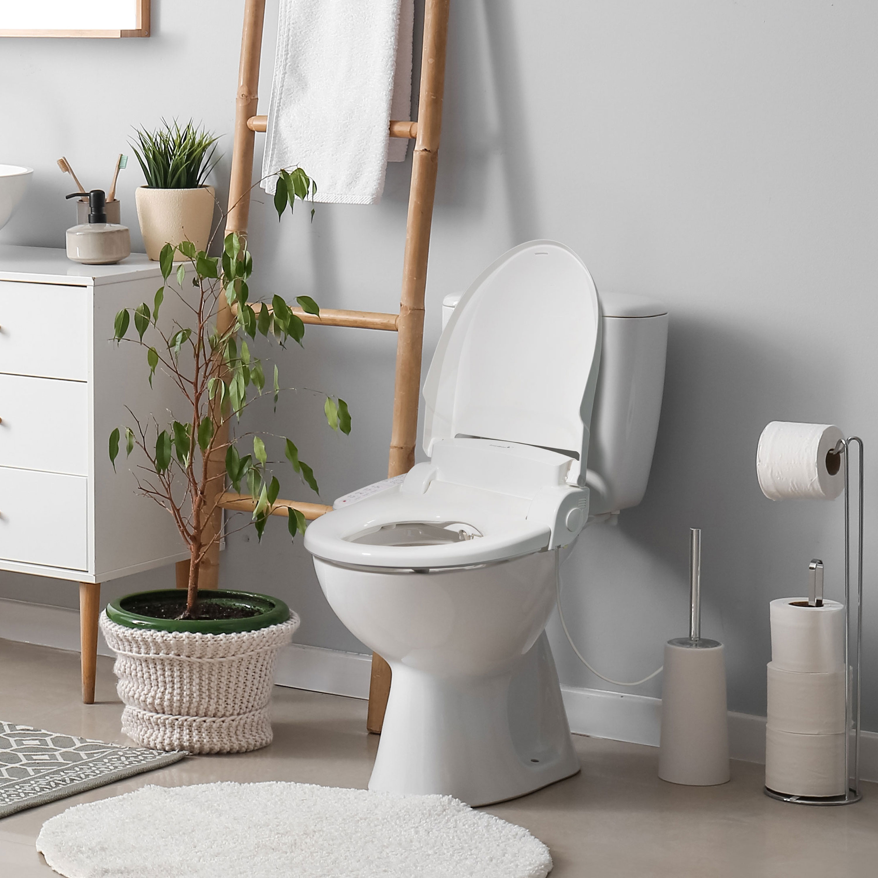 Asiento de inodoro con bidé, calentador y cierre suave en plástico blanco alargado SmartBidet SB-2000WE