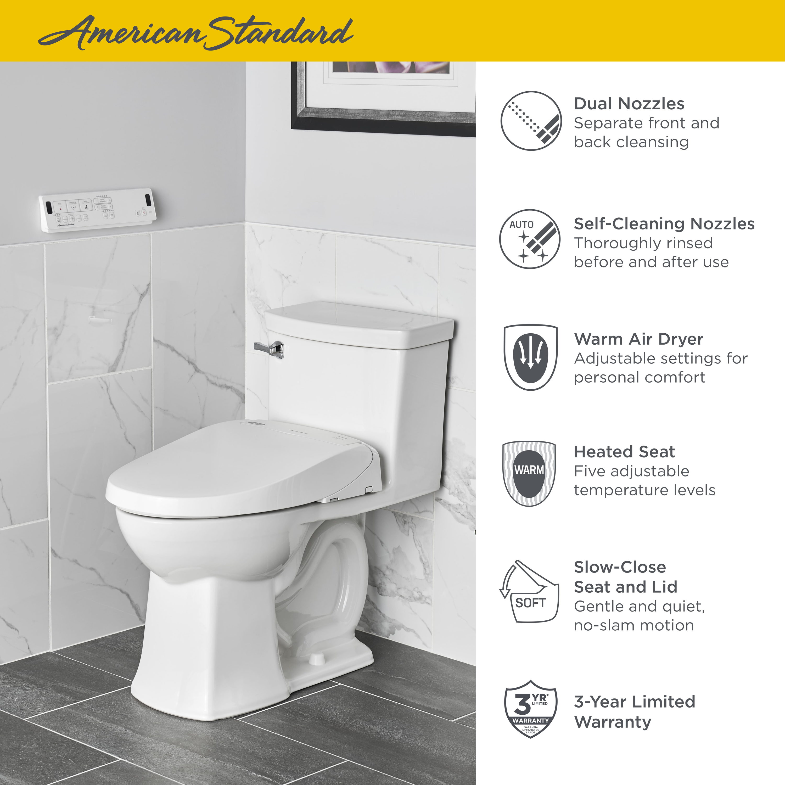 Asiento de inodoro bidet alargado de plástico blanco con función de cierre suave, asiento climatizado y limpieza avanzada American Standard Advanced Clean 3 SpaLet