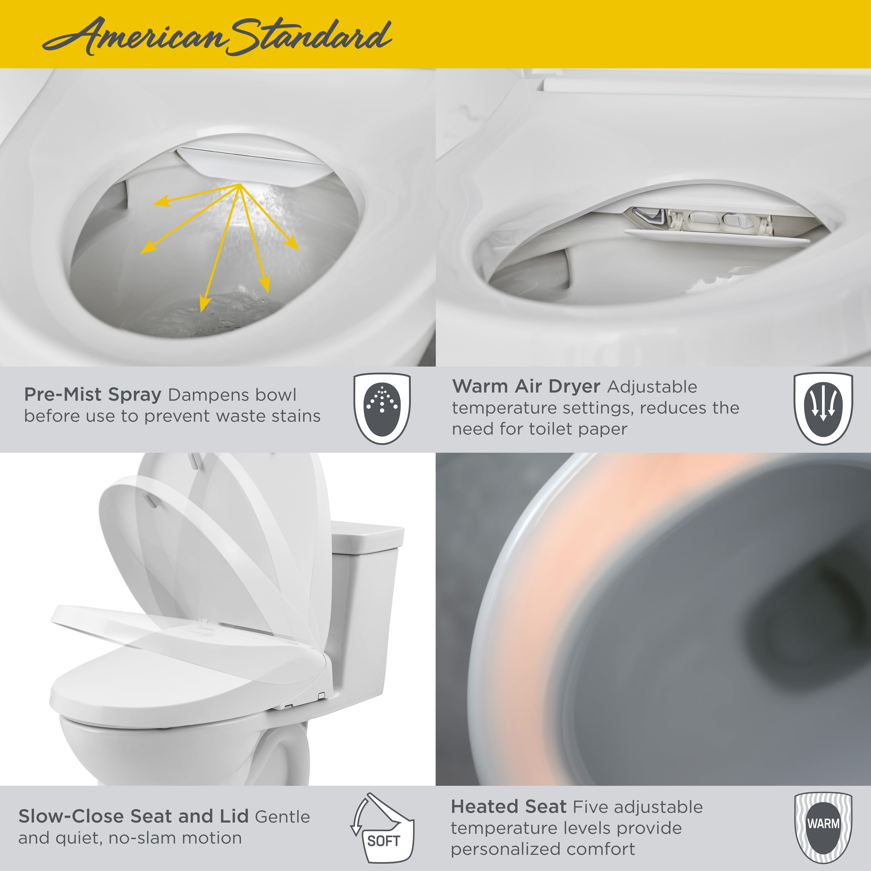 Asiento de inodoro bidet alargado de plástico blanco con función de cierre suave, asiento climatizado y limpieza avanzada American Standard Advanced Clean 3 SpaLet