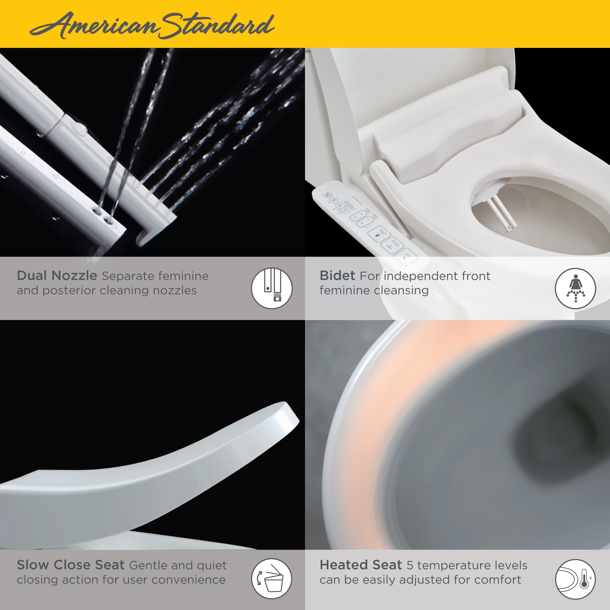 Asiento de baño bidet alargado de plástico blanco con tecnología Smart, cierre suave, y calentador incorporado de American Standard Spalet 8013A80GPC-020