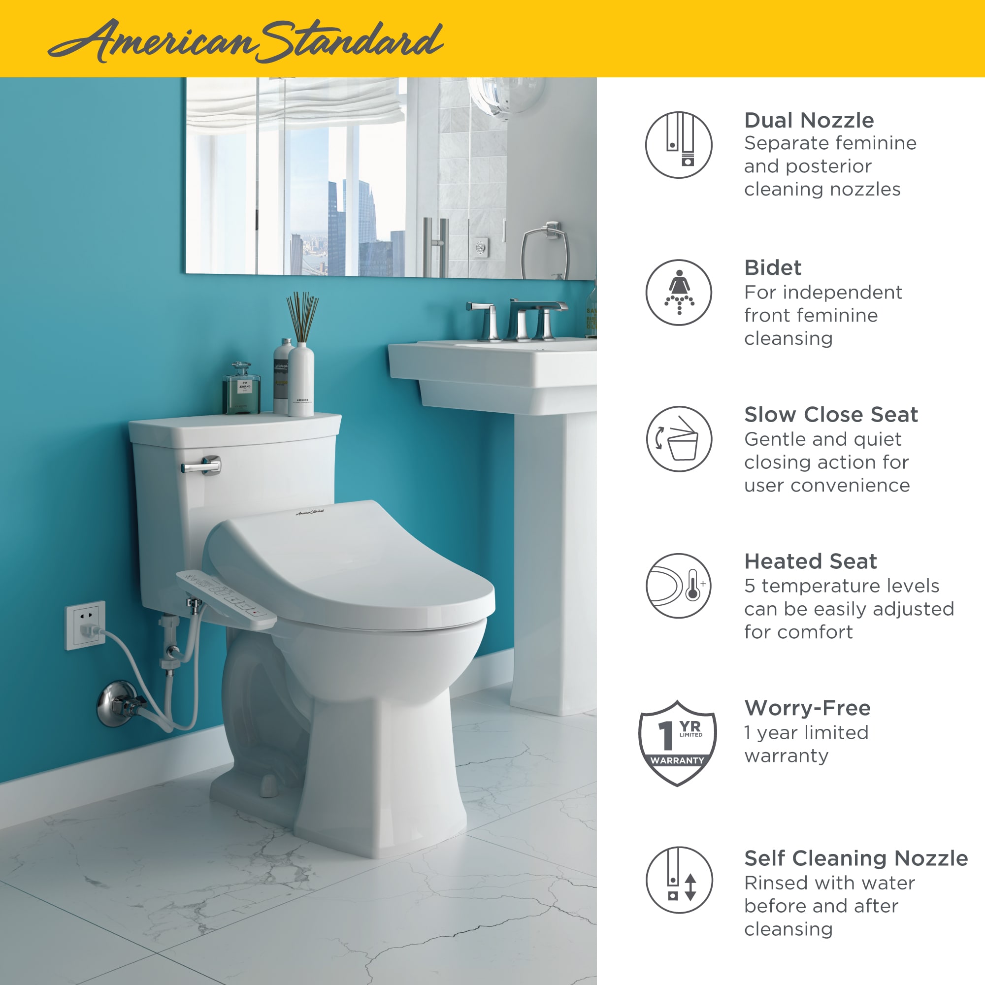 Asiento de baño bidet alargado de plástico blanco con tecnología Smart, cierre suave, y calentador incorporado de American Standard Spalet 8013A80GPC-020