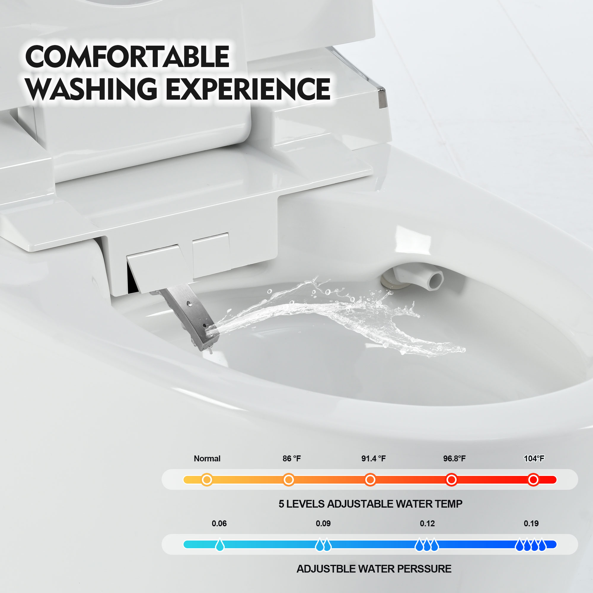 Bidet inteligente blanco de altura estándar con cierre suave, alargado y una sola pieza de 1.28 GPF.