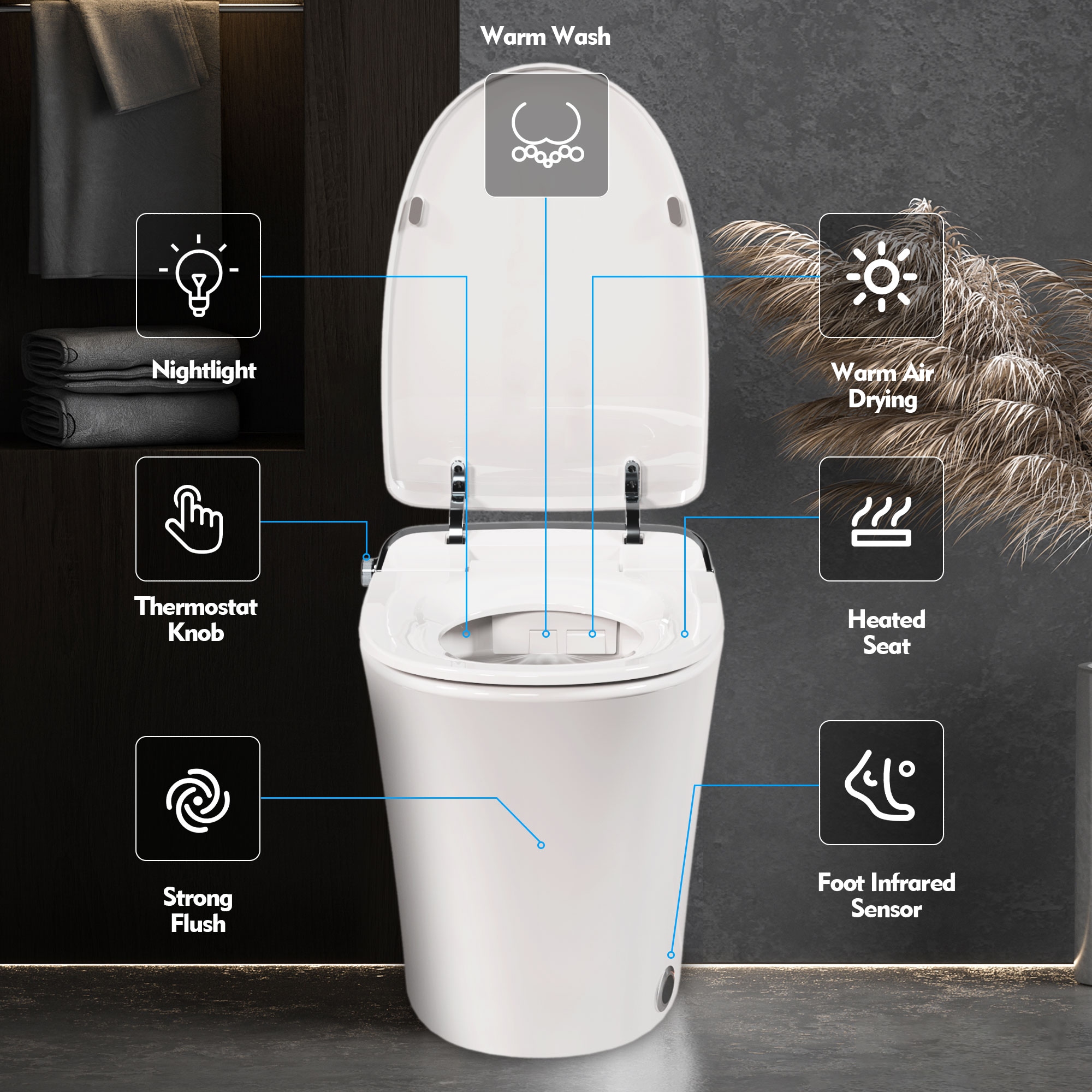 Bidet inteligente blanco de altura estándar con cierre suave, alargado y una sola pieza de 1.28 GPF.