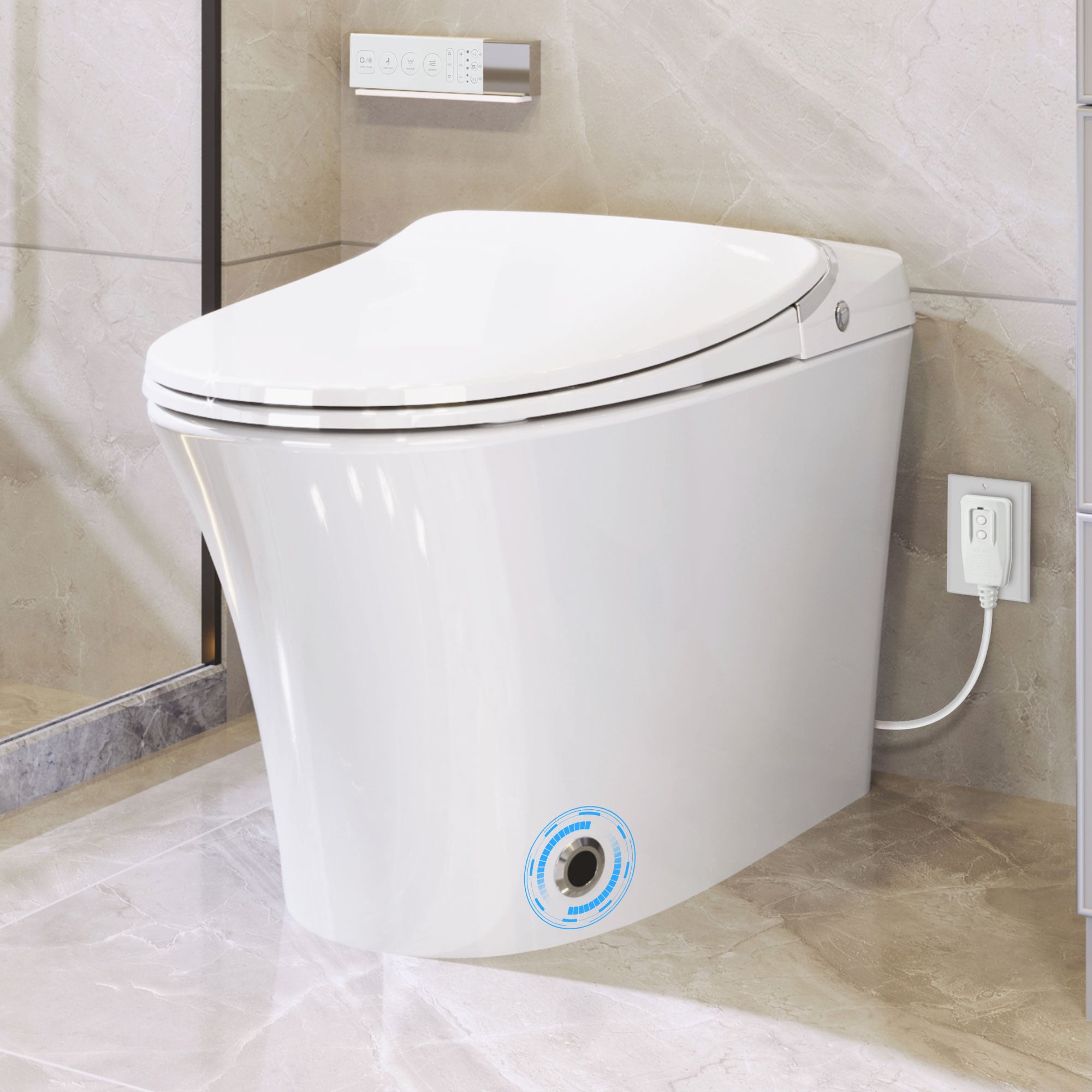 Bidet inteligente blanco de altura estándar con cierre suave, alargado y una sola pieza de 1.28 GPF.