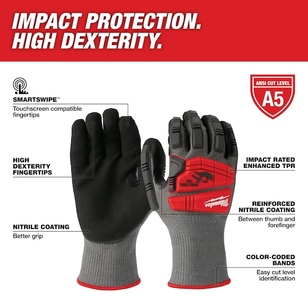 Guantes de corte por impacto Nivel 5 con recubrimiento de nitrilo de Milwaukee Tool - Talla pequeña, Nivel de corte A5, 13 ga, Gris - 48-22-8980.