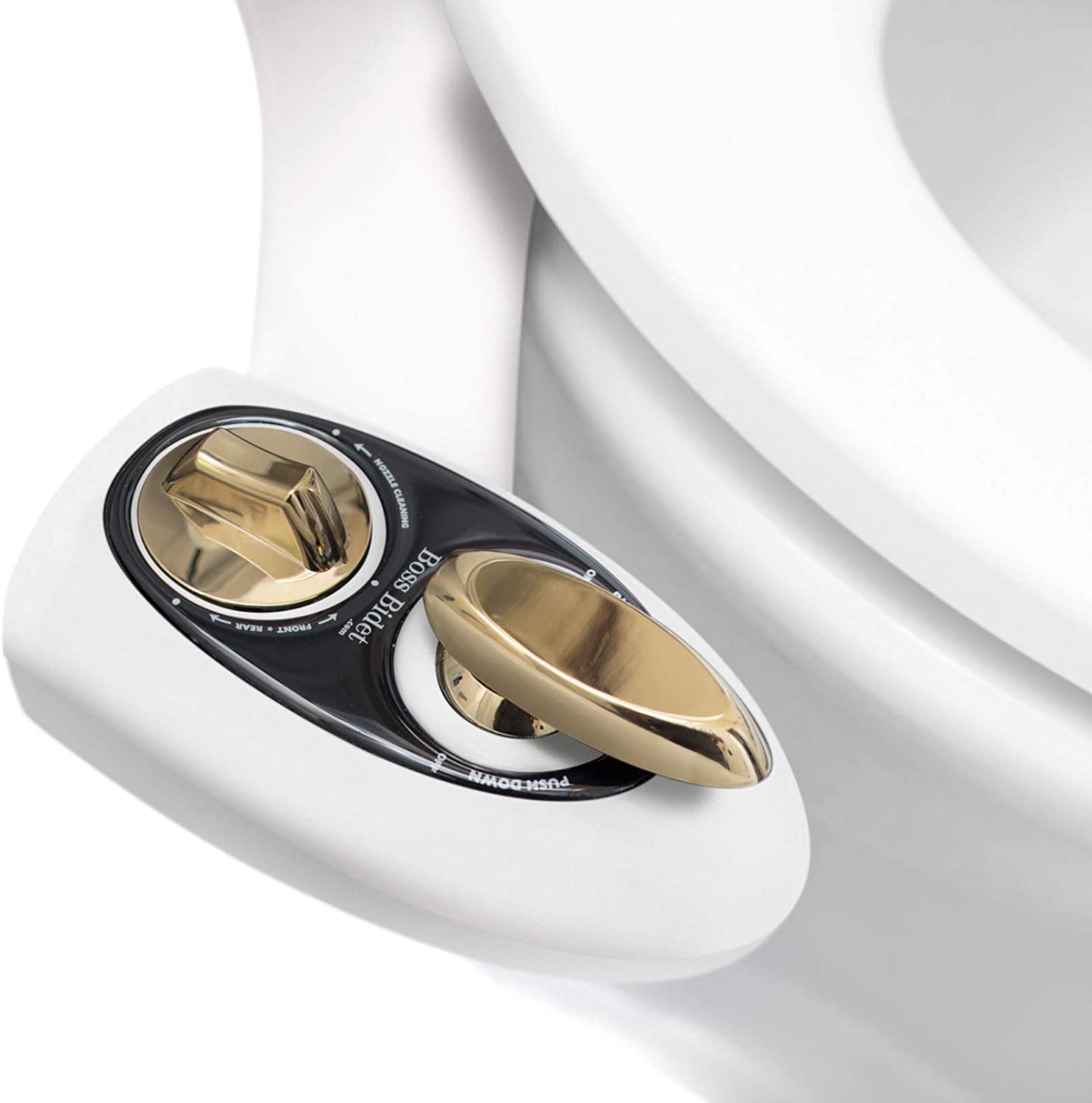 Bidet Boss Atrevido, Accesorio de Bidet de Doble Boquilla No Eléctrico, Autolimpieza (Blanco y Oro) BW