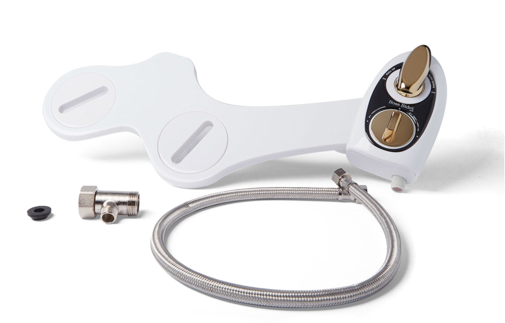 Bidet Boss Atrevido, Accesorio de Bidet de Doble Boquilla No Eléctrico, Autolimpieza (Blanco y Oro) BW