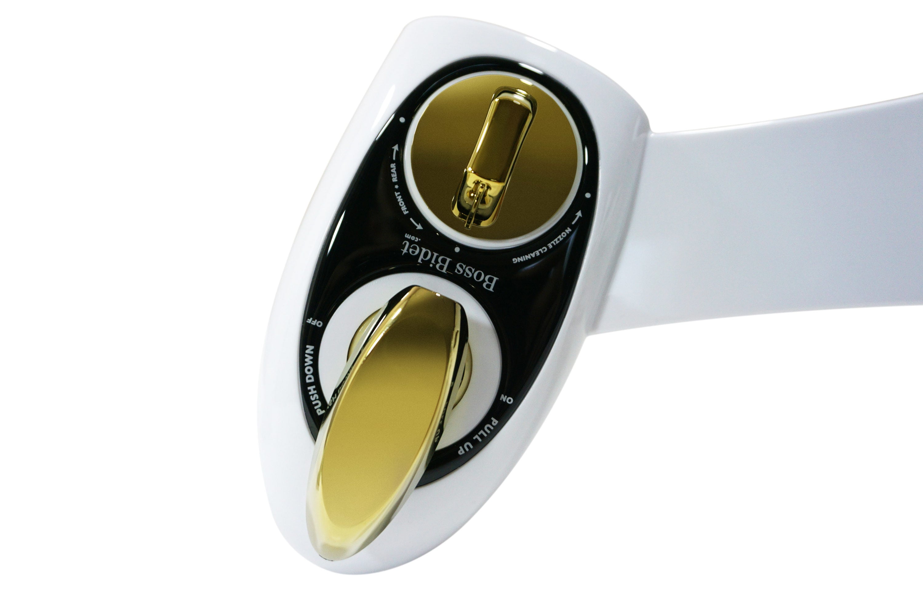 Bidet Boss Atrevido, Accesorio de Bidet de Doble Boquilla No Eléctrico, Autolimpieza (Blanco y Oro) BW