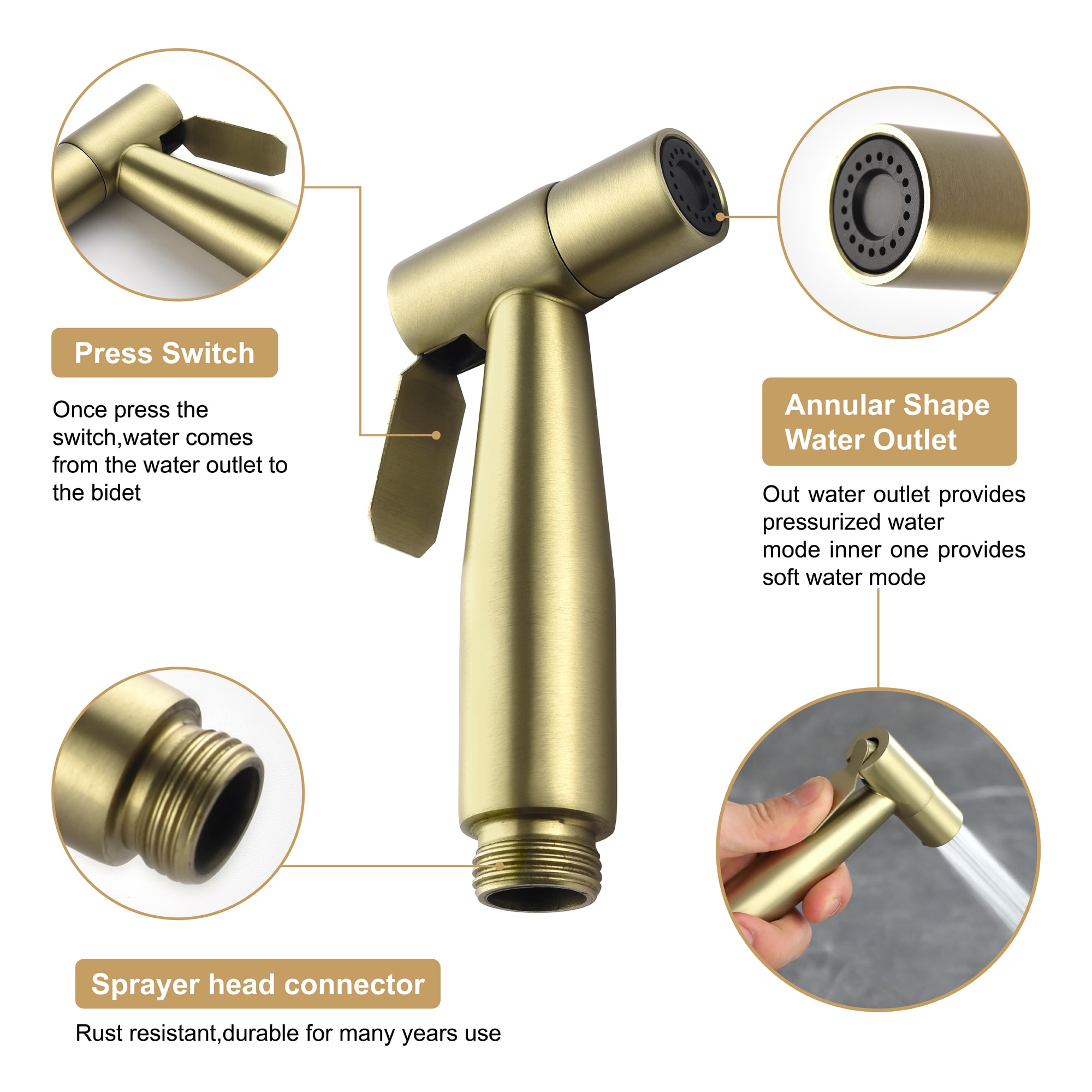 Rociador de bidé portátil de oro cepillado para inodoro Mondawe MD-HBS-BG