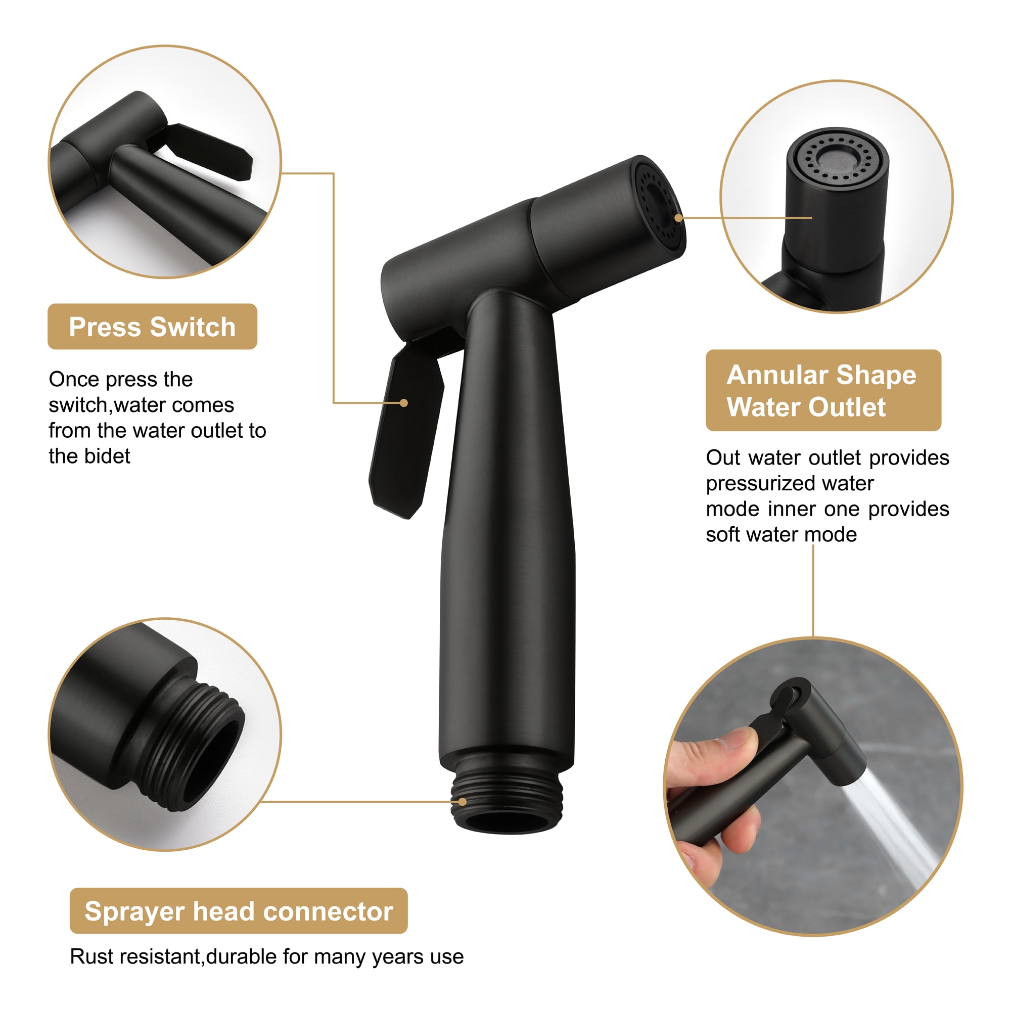 Rociador de bidé de mano negro mate para inodoro montado en Mondawe MD-HBS-BL