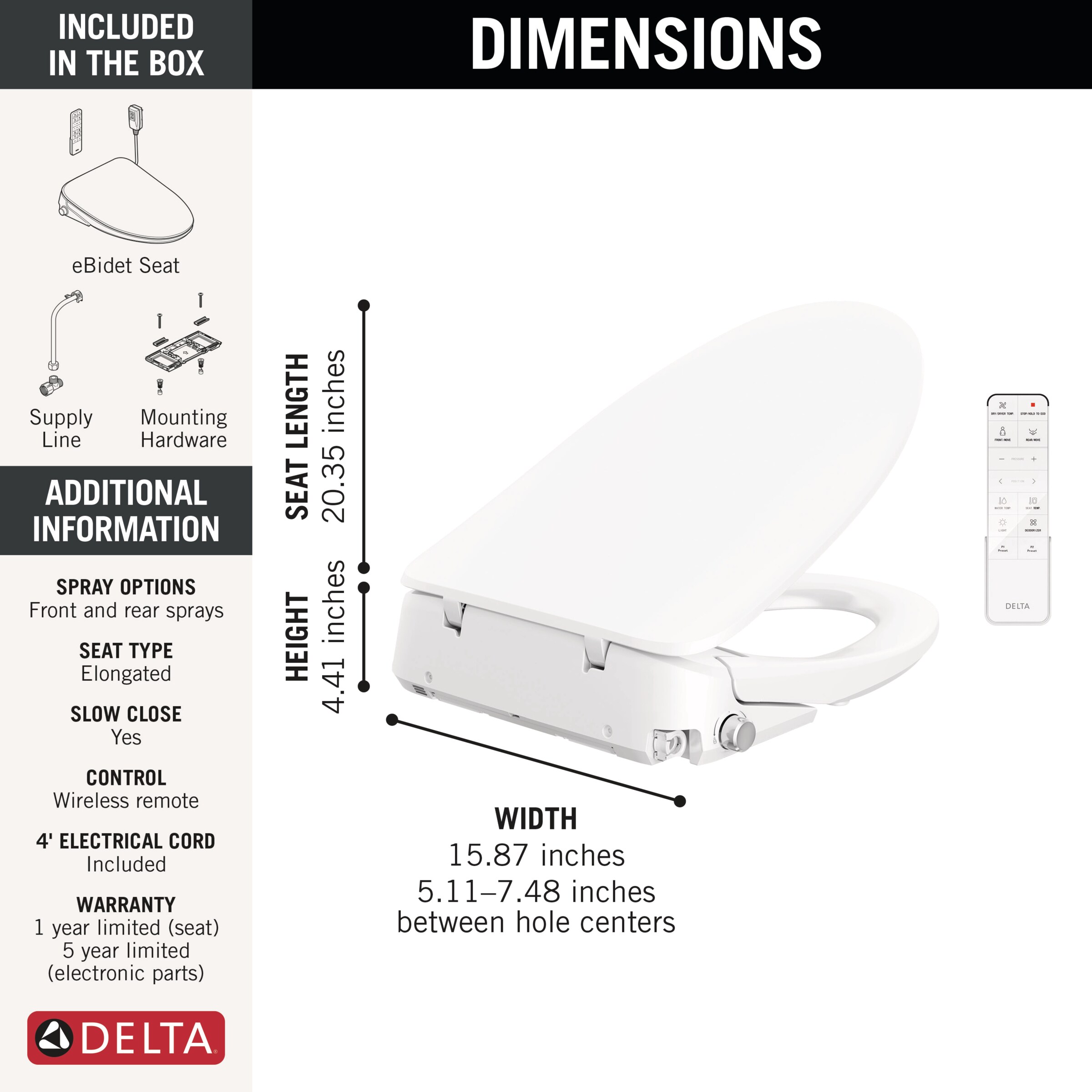 Asiento de Inodoro Eléctrico de Plástico Blanco alargado con Función de Cierre Suave y Calefacción de Delta Refresh Ultimate