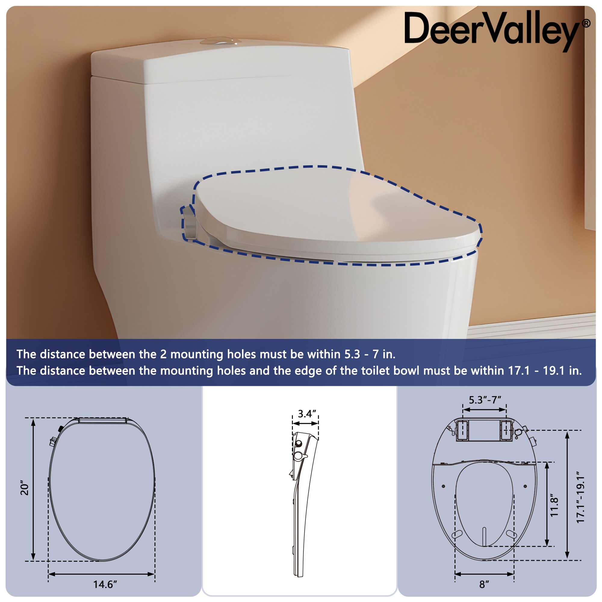 Asiento de bidé alargado de plástico blanco con cierre suave de DeerValley DV-1S0028