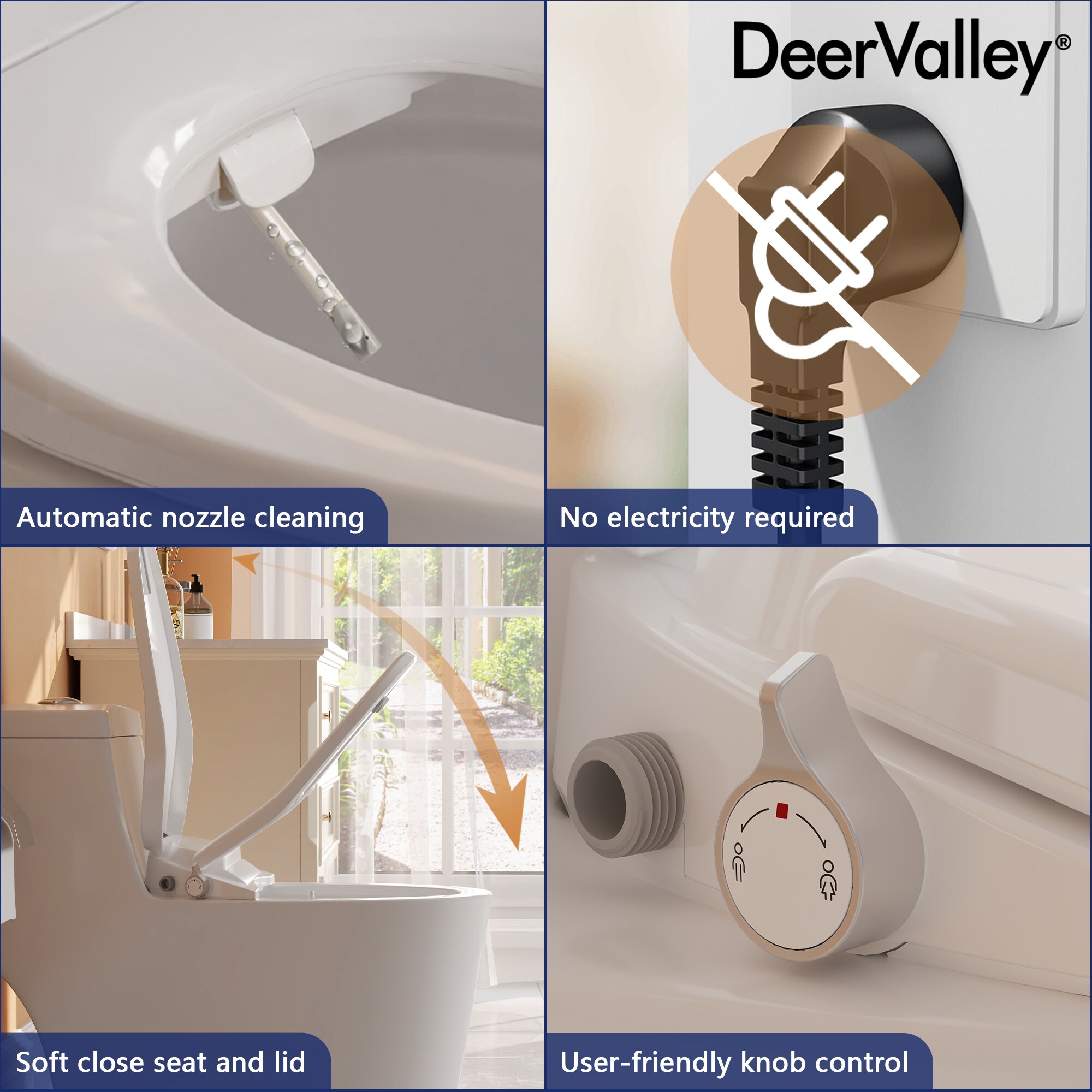 Asiento de bidé alargado de plástico blanco con cierre suave de DeerValley DV-1S0028