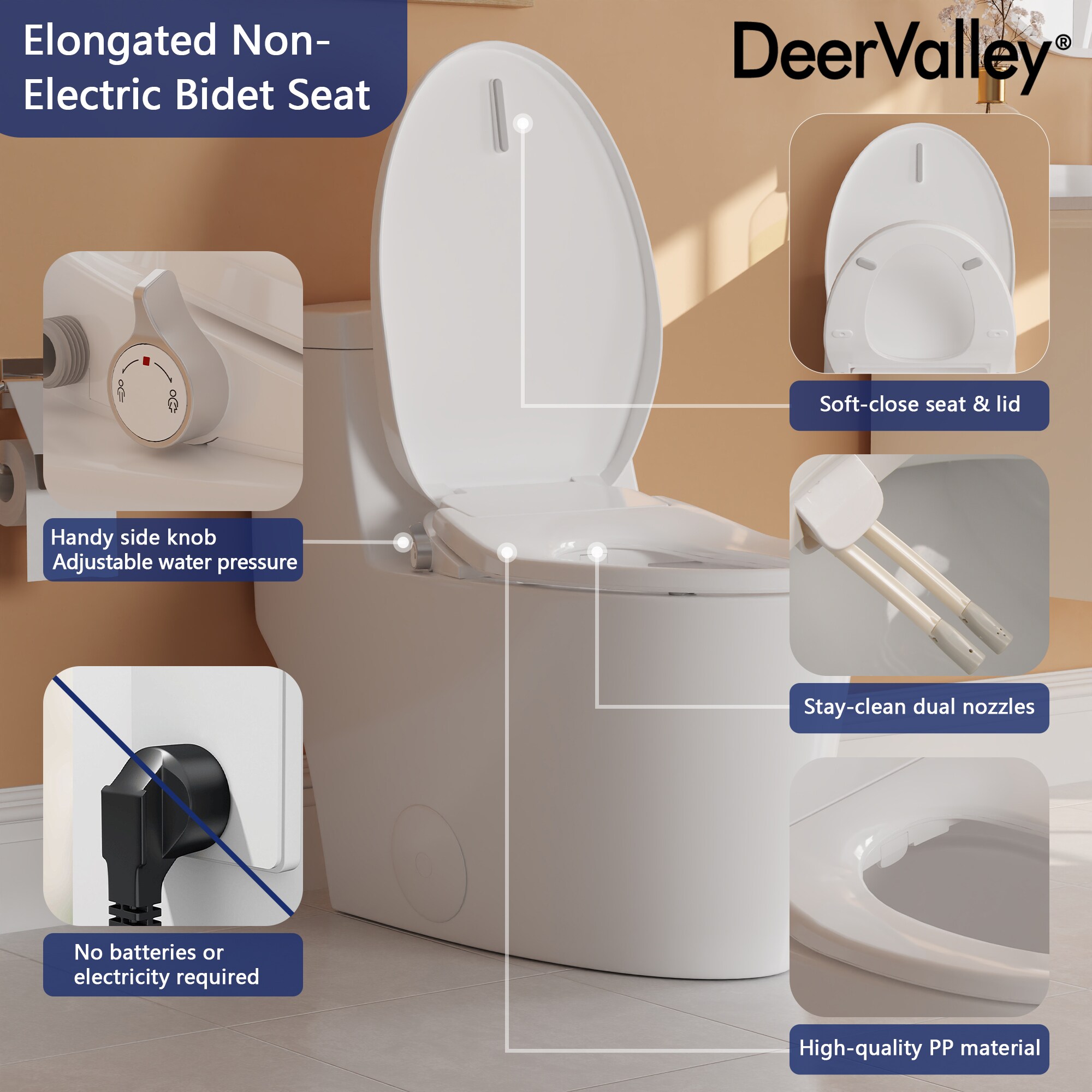 Asiento de bidé alargado de plástico blanco con cierre suave de DeerValley DV-1S0028