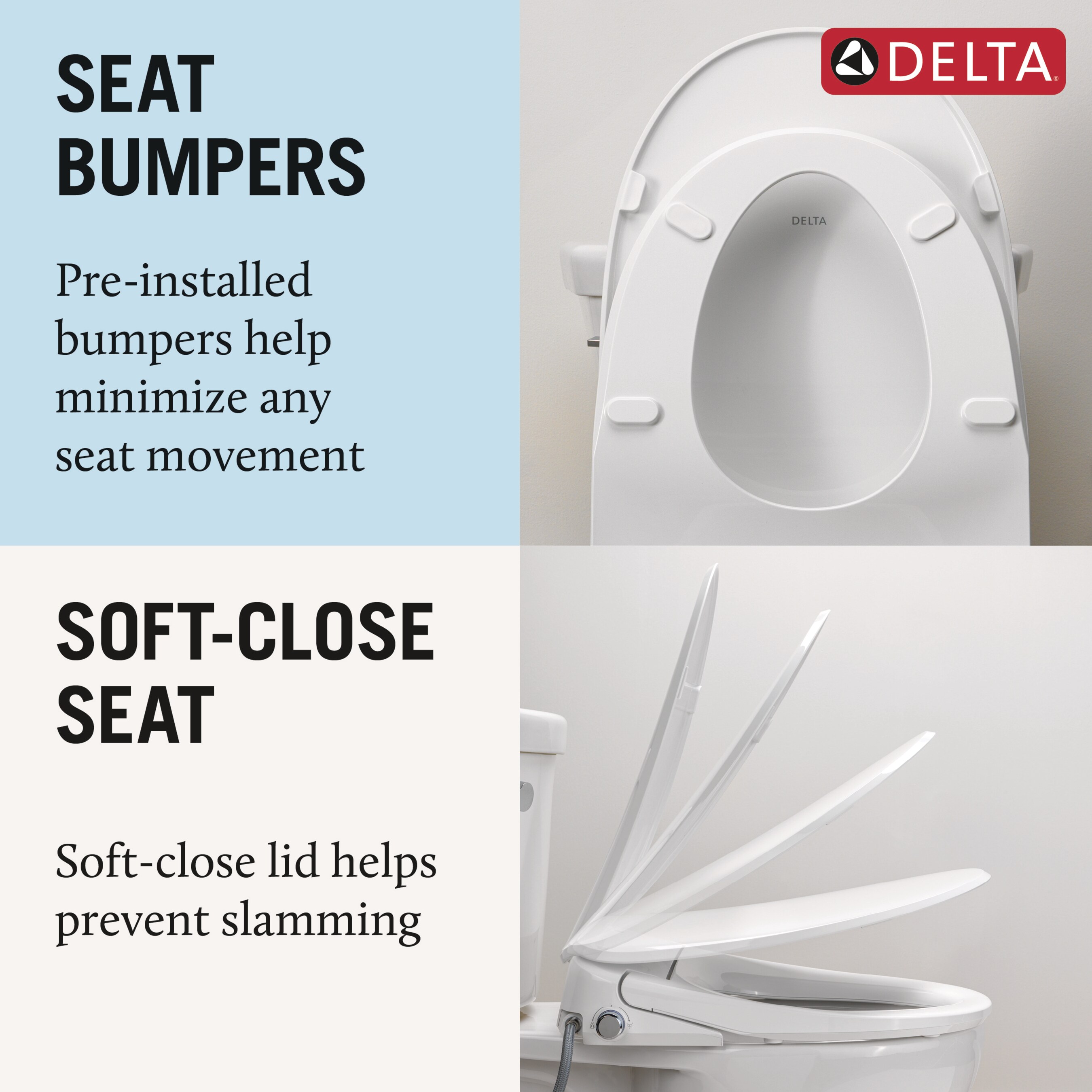 Asiento de inodoro con bidet alargado de plástico premium blanco con cierre suave y calentador Delta Refresh 893006E-WH