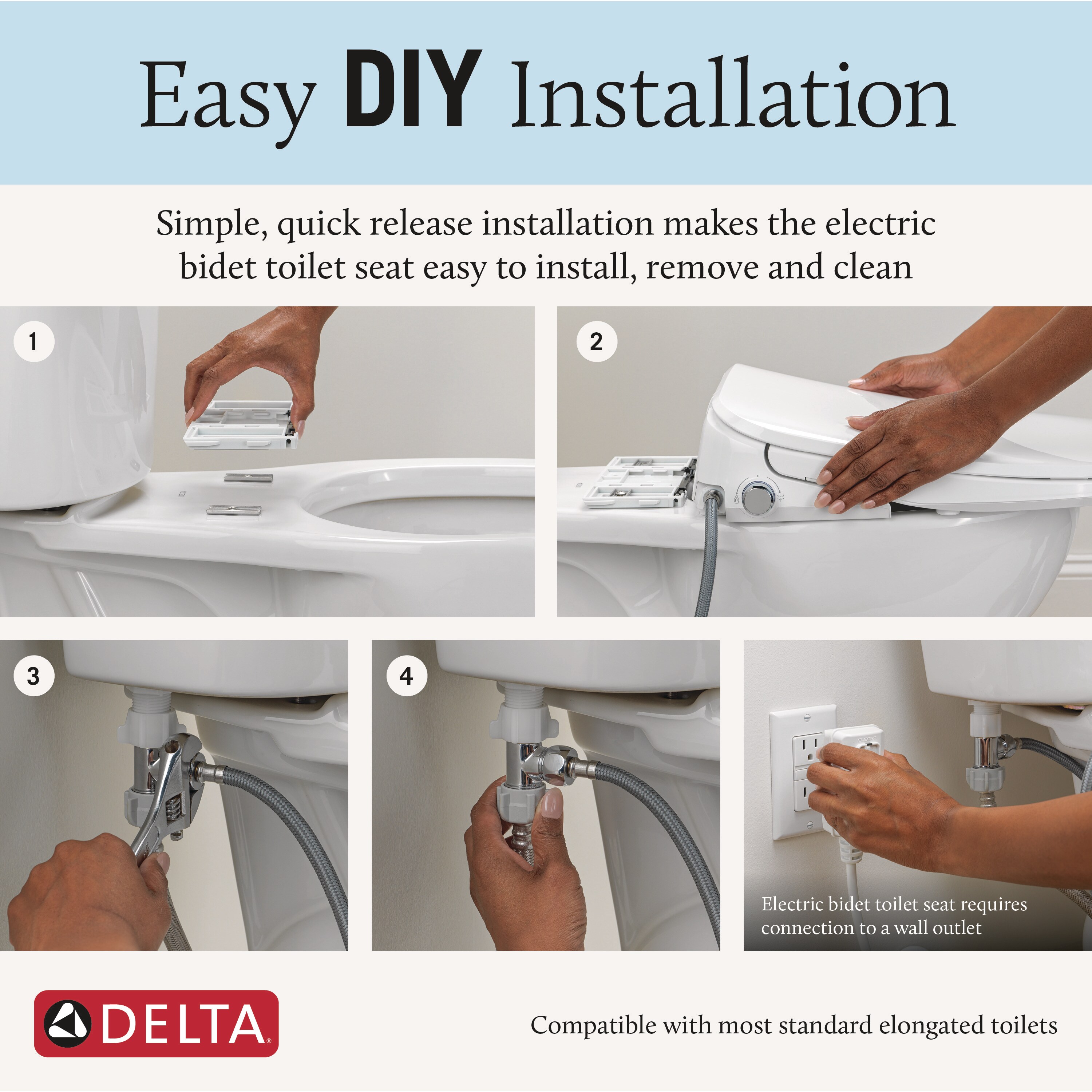 Asiento de inodoro con bidet alargado de plástico premium blanco con cierre suave y calentador Delta Refresh 893006E-WH