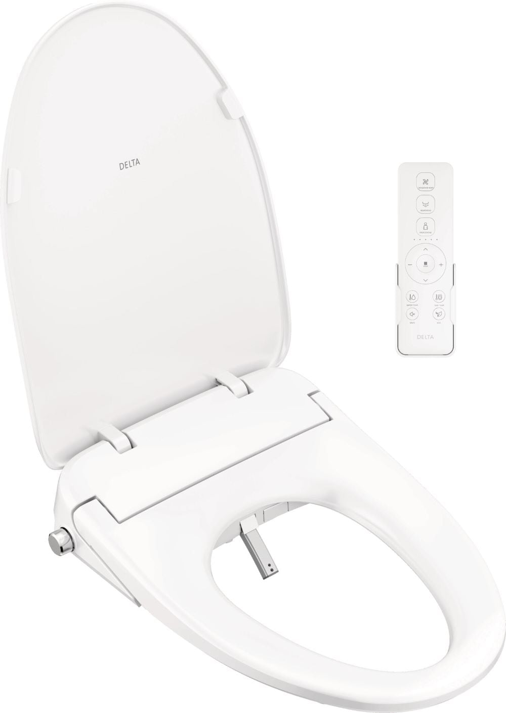 Asiento de inodoro con bidet alargado de plástico premium blanco con cierre suave y calentador Delta Refresh 893006E-WH