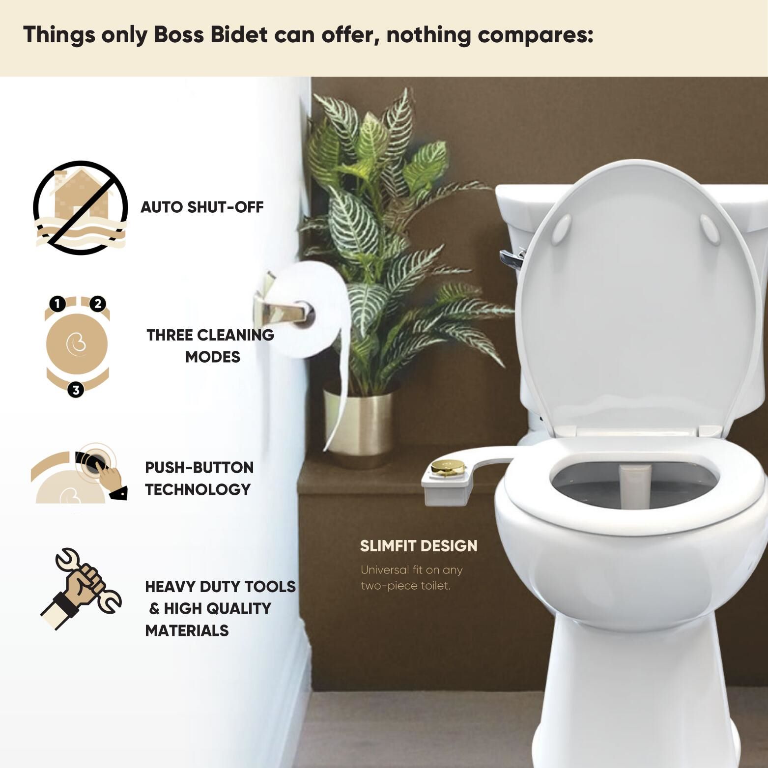 Revolution Boss Bidet - Anexo de bidé de doble boquilla sin electricidad, temperatura única, auto-limpieza (Tokio Platinum) RST