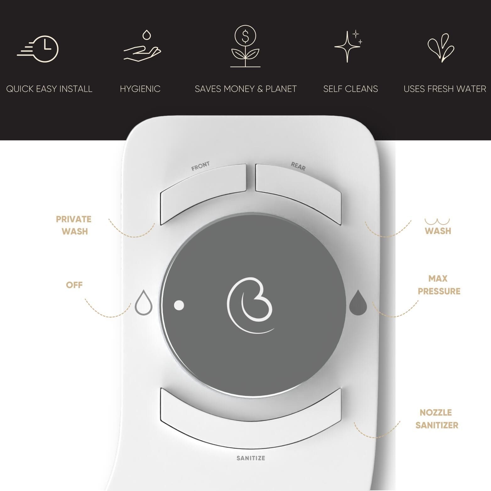 Revolution Boss Bidet - Anexo de bidé de doble boquilla sin electricidad, temperatura única, auto-limpieza (Tokio Platinum) RST