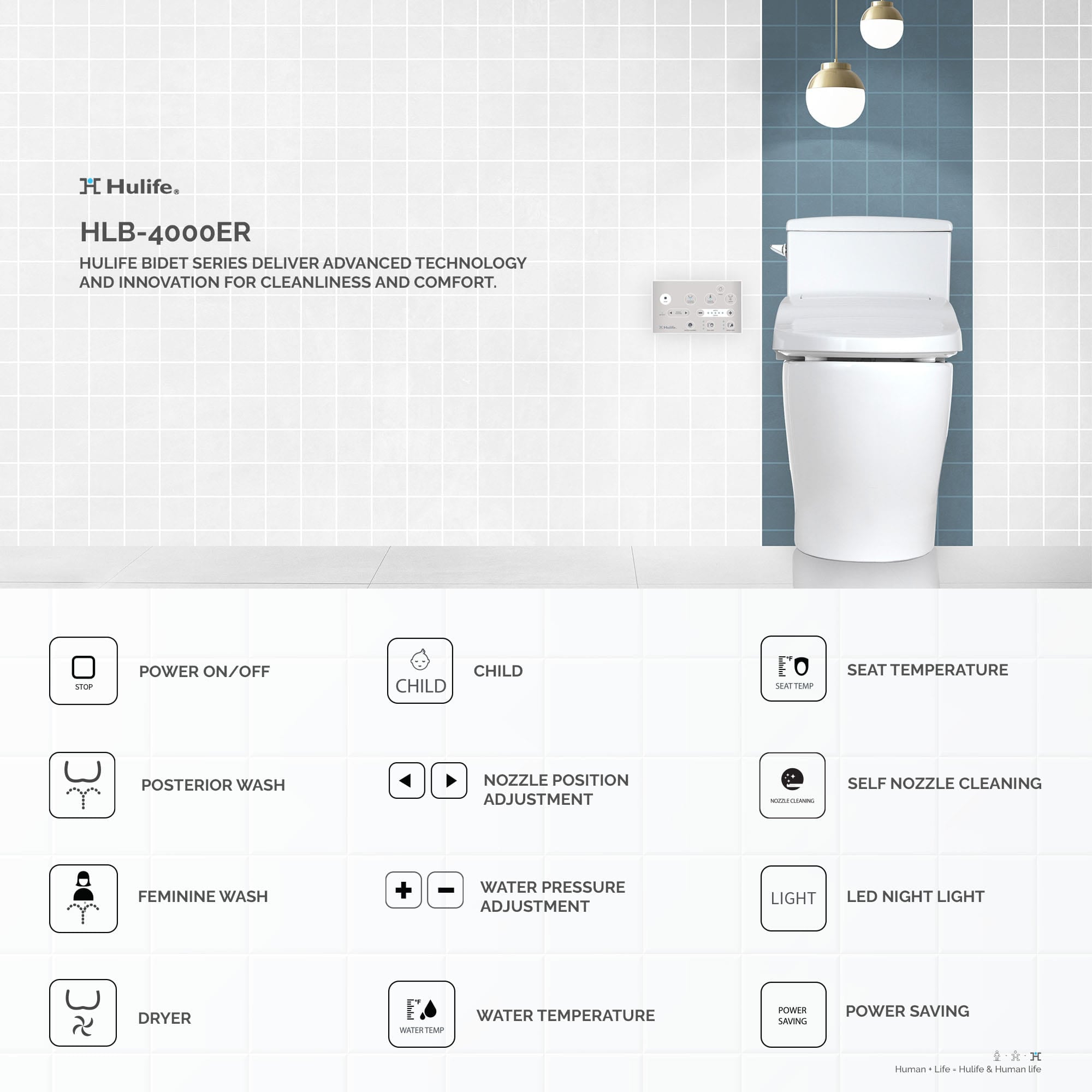 Asiento de Inodoro Bidet Elongado de Plástico Blanco con Cierre Suave y Asiento Térmico HLB-4000ER