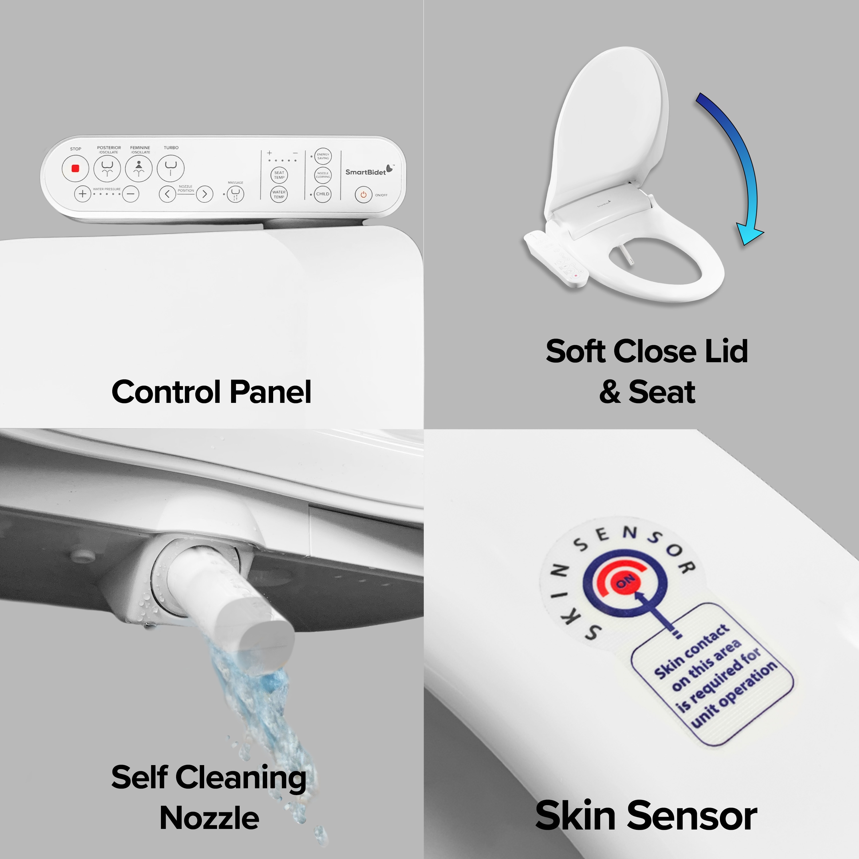 Asiento de inodoro tipo bidet caliente de cierre suave alargado de plástico blanco SmartBidet SB-100C