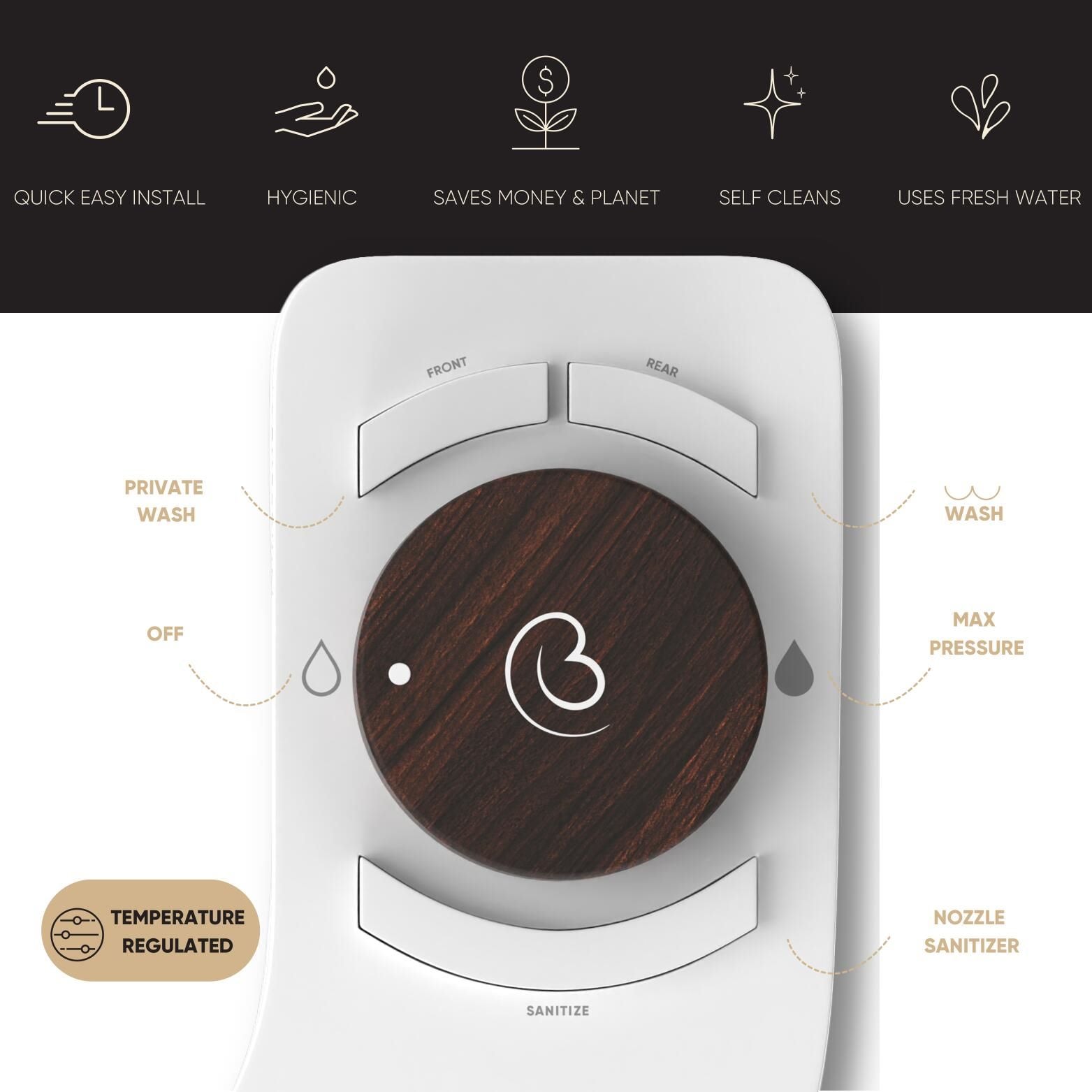 Revolution de Bidet Boss: Anexo de Bidet de Doble Boquilla sin Electricidad, Doble Temperatura, Autolimpieza (Roble Italiano)