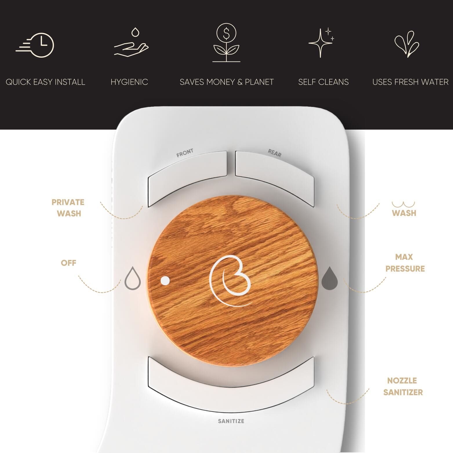 Revolution Bidet Boss de Doble Boquilla sin Electricidad, de Temperatura Única, Autolimpieza (Bambú de Bali)