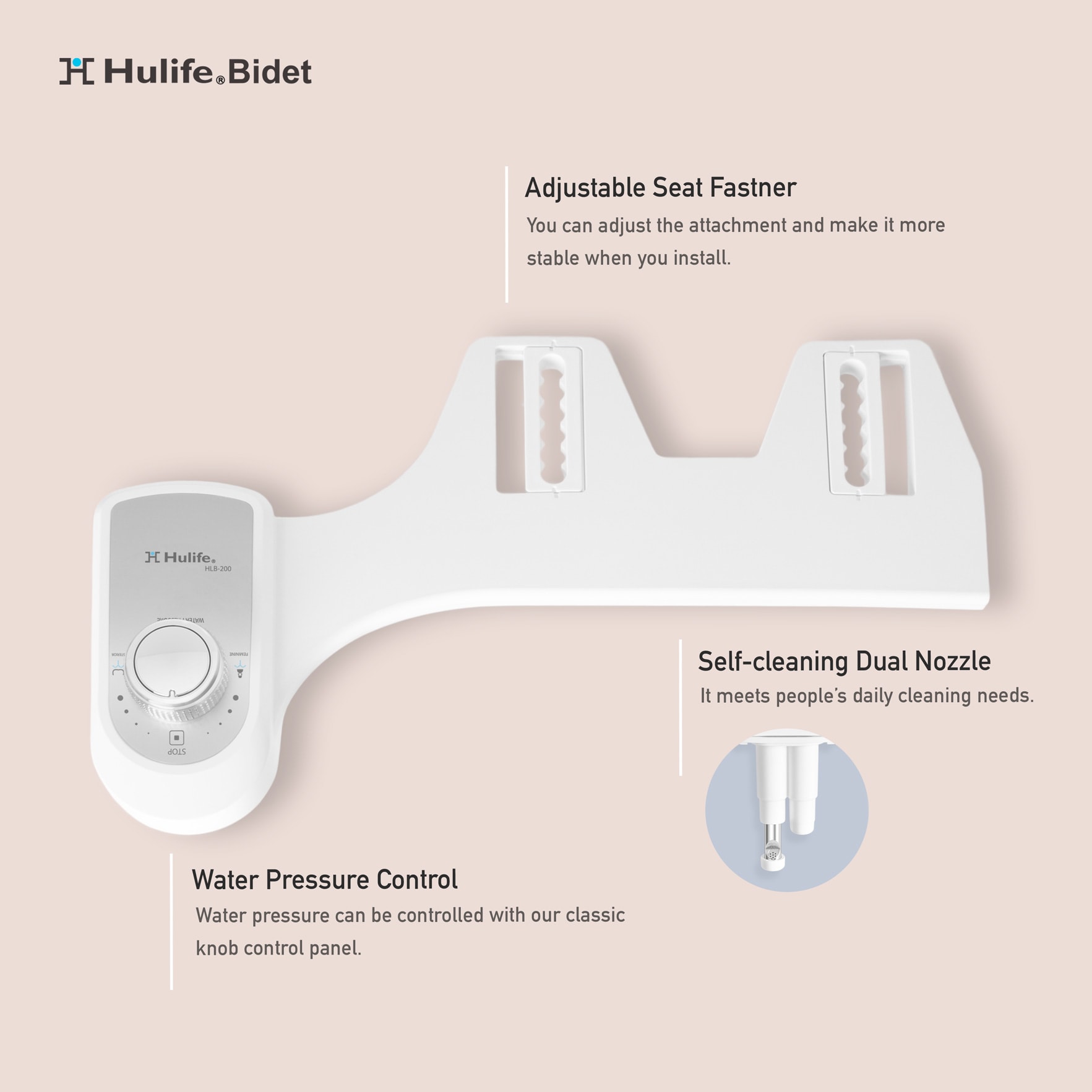 Asiento de bidé sin electricidad de Hulife con doble boquilla, autolimpieza, agua fría HLB-200