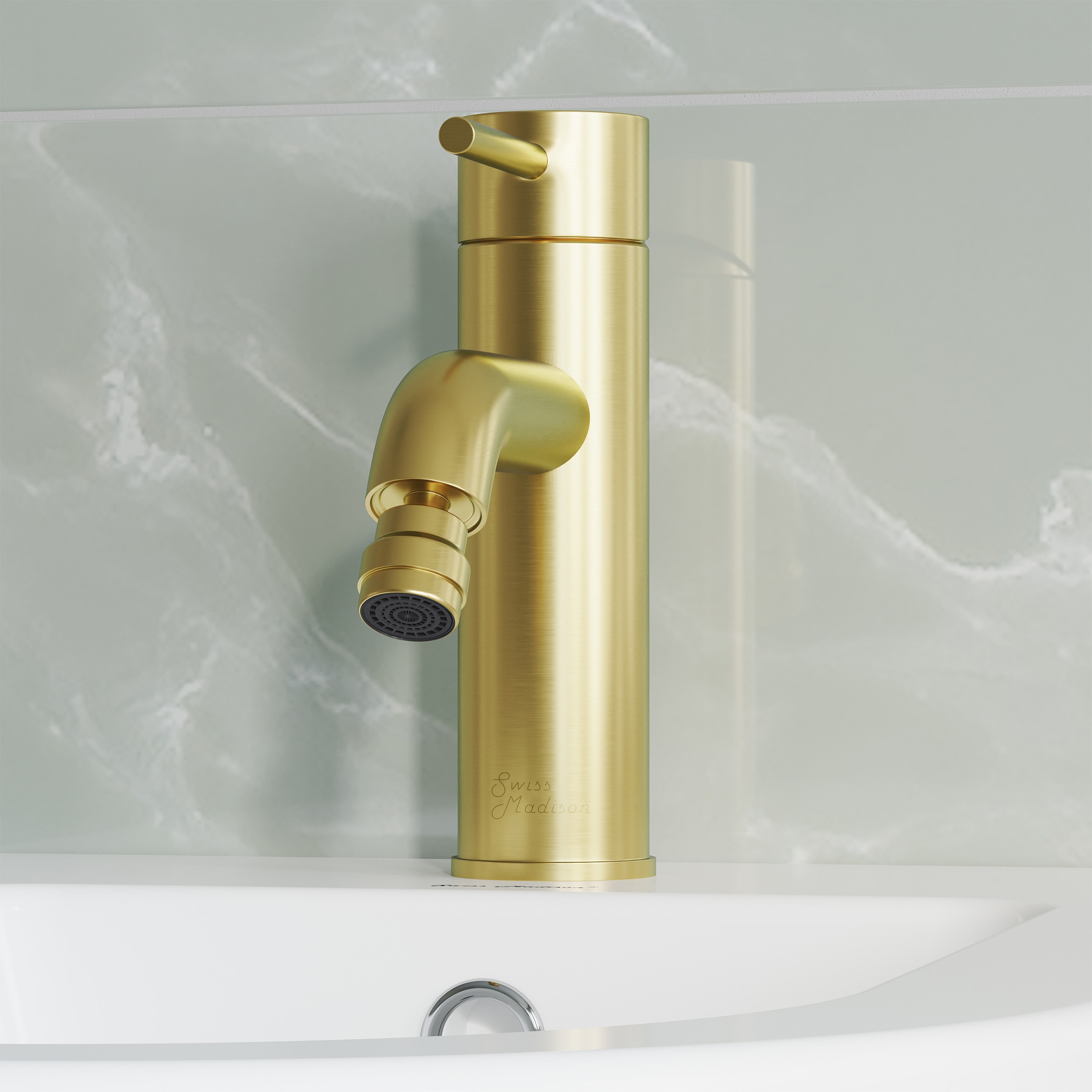 Mezcladora para bidé Swiss Madison en acabado dorado cepillado con rociador horizontal y una sola manija