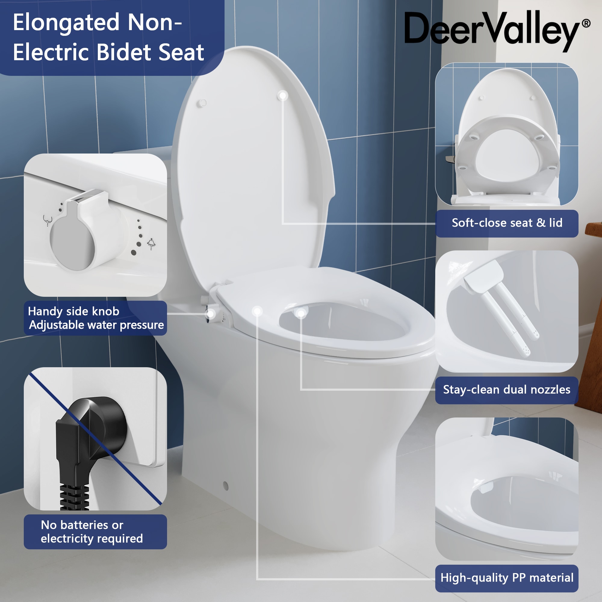 Asiento de baño alargado de plástico blanco con cierre suave para bidé DeerValley DV-1S0038