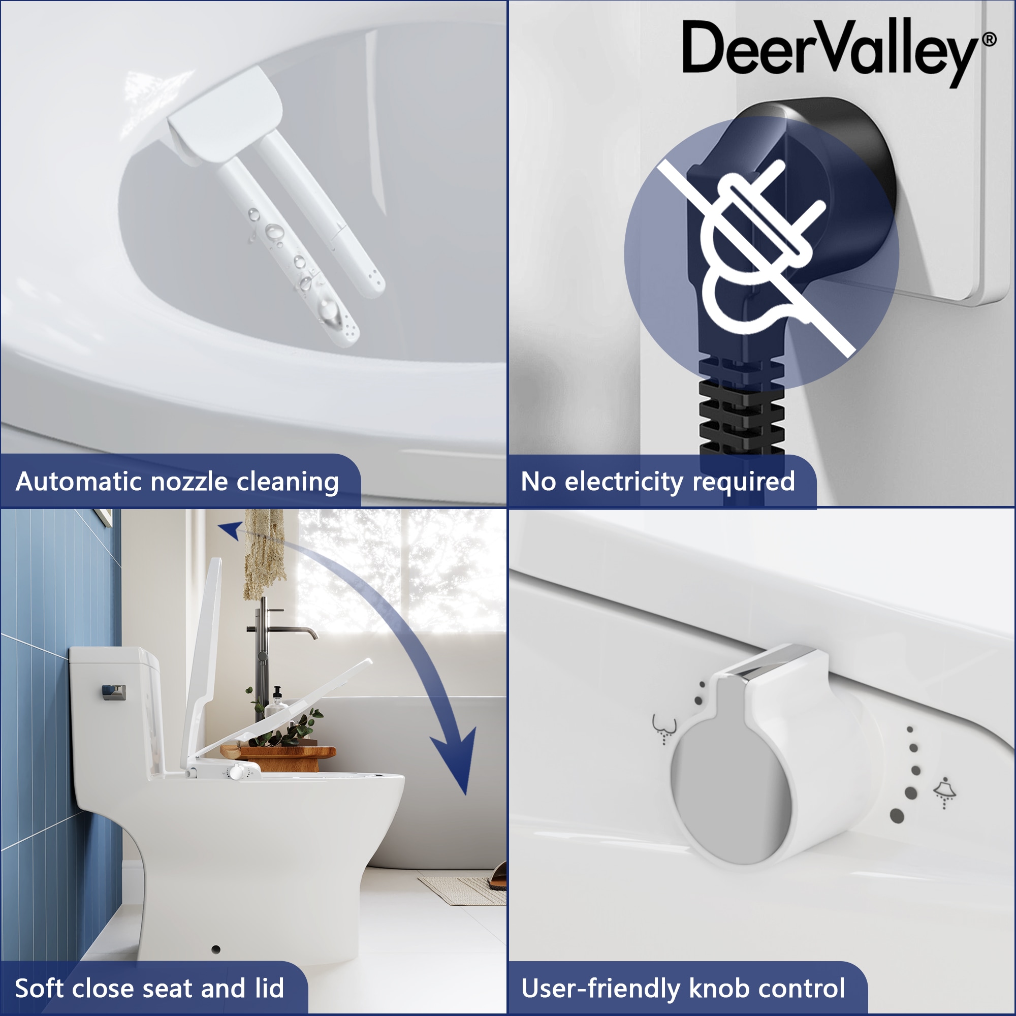 Asiento de baño alargado de plástico blanco con cierre suave para bidé DeerValley DV-1S0038