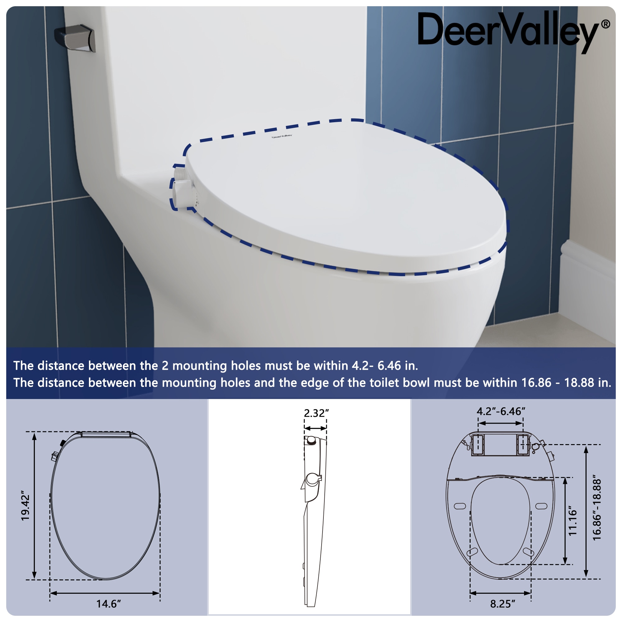 Asiento de baño alargado de plástico blanco con cierre suave para bidé DeerValley DV-1S0038