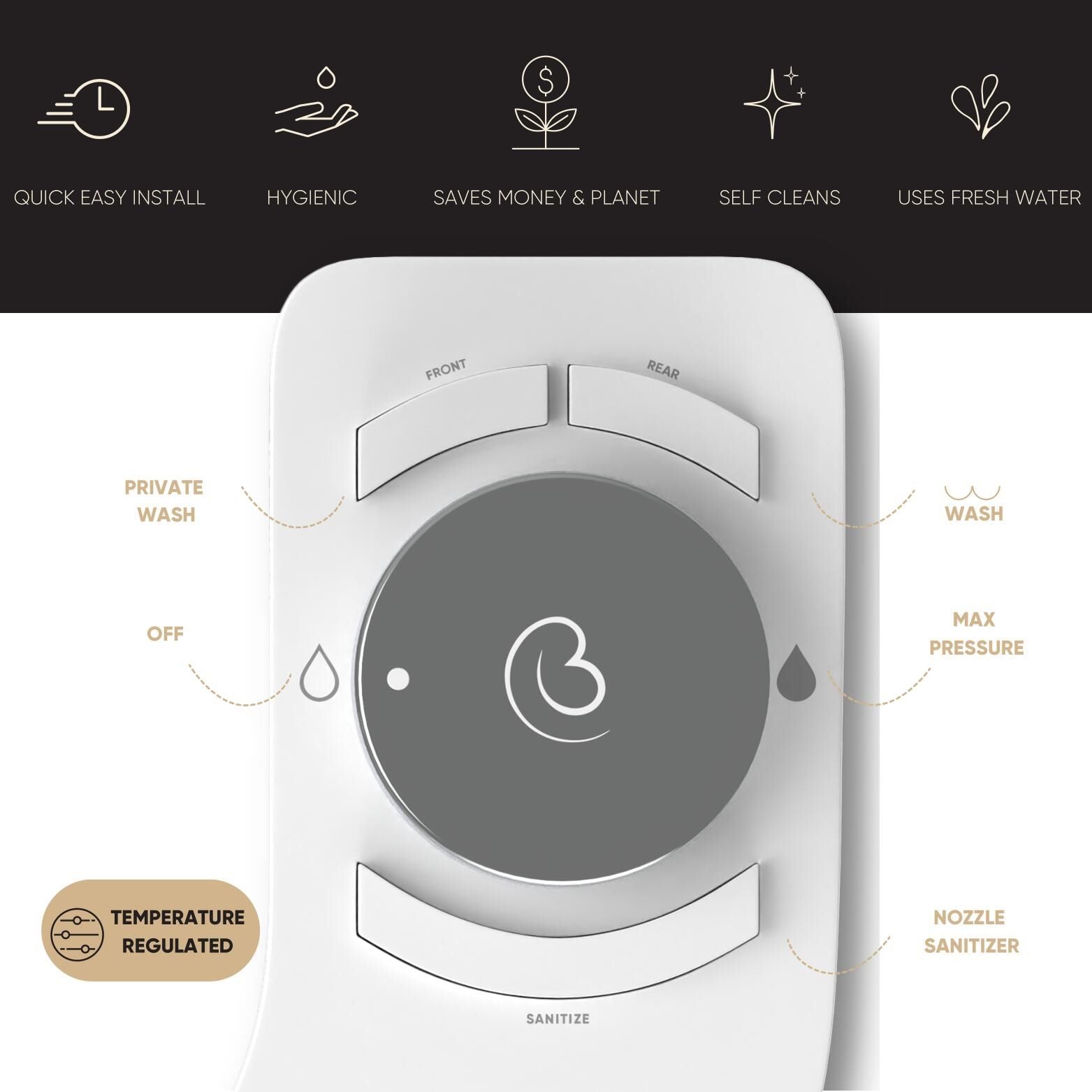 Revolution Bidet Boss Aseo Íntimo de Doble Boquilla Sin Electricidad, Temperatura Dual, Autolimpieza (Tokyo Platinum) RDT