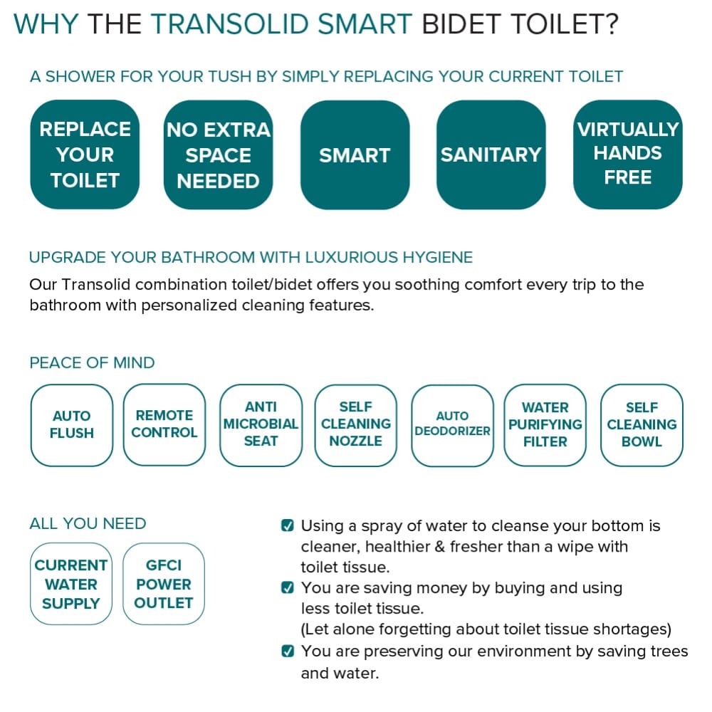 Bidet inteligente de altura estándar, doble descarga, con cierre suave en color blanco romero de Transolid, de una sola pieza y con desagüe de 12 pulgadas. 1.28 GPF TL-5401-A.