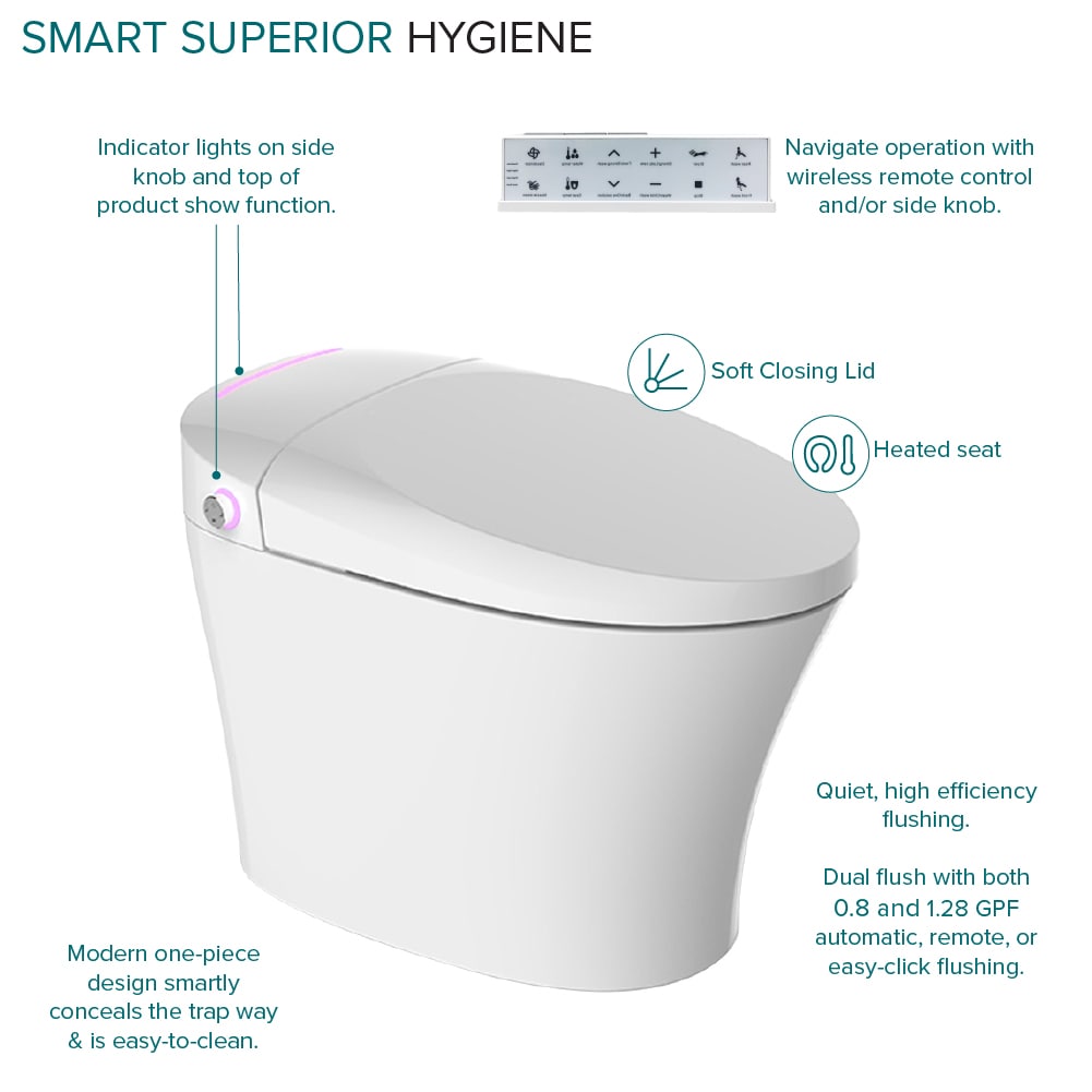 Bidet inteligente de altura estándar, doble descarga, con cierre suave en color blanco romero de Transolid, de una sola pieza y con desagüe de 12 pulgadas. 1.28 GPF TL-5401-A.