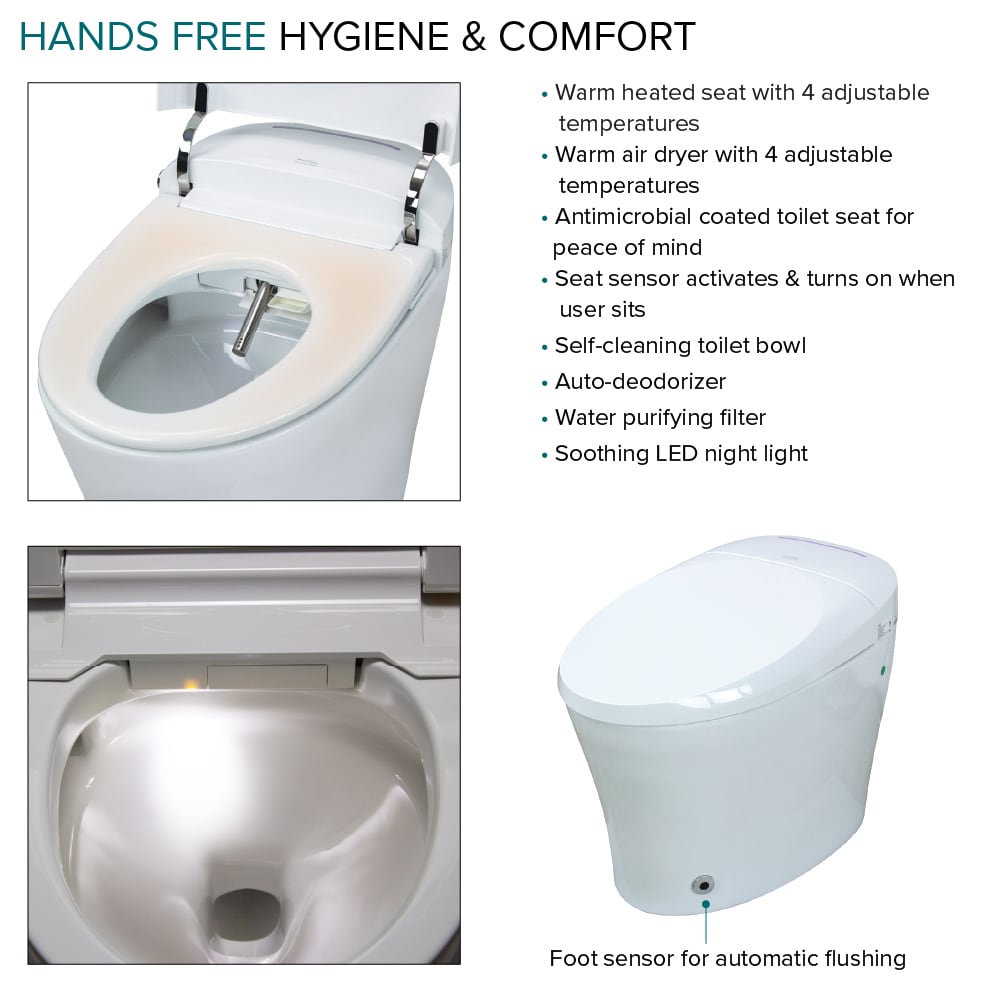 Bidet inteligente de altura estándar, doble descarga, con cierre suave en color blanco romero de Transolid, de una sola pieza y con desagüe de 12 pulgadas. 1.28 GPF TL-5401-A.