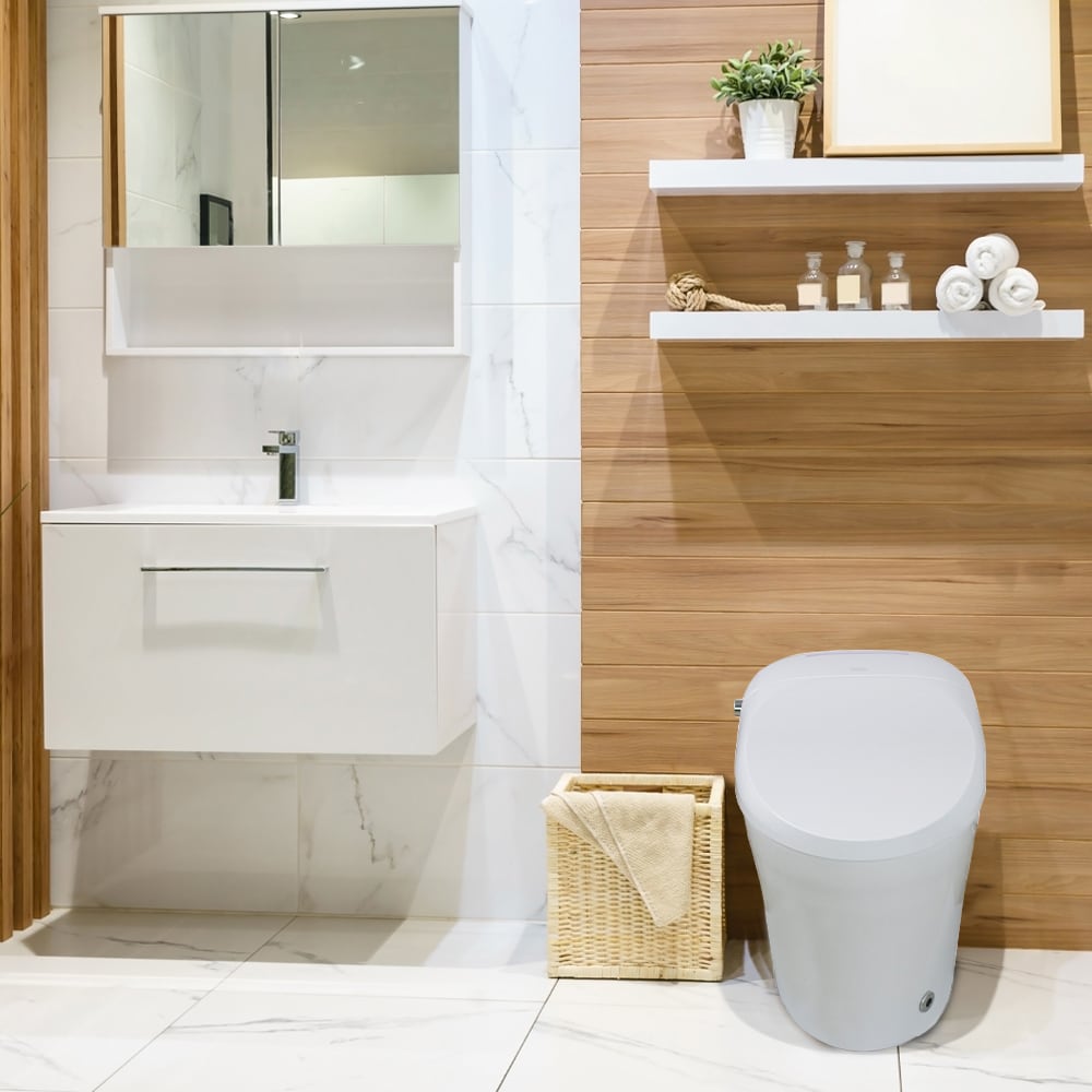 Bidet inteligente de altura estándar, doble descarga, con cierre suave en color blanco romero de Transolid, de una sola pieza y con desagüe de 12 pulgadas. 1.28 GPF TL-5401-A.