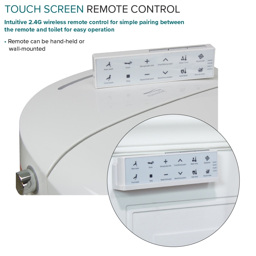 Bidet inteligente de altura estándar, doble descarga, con cierre suave en color blanco romero de Transolid, de una sola pieza y con desagüe de 12 pulgadas. 1.28 GPF TL-5401-A.