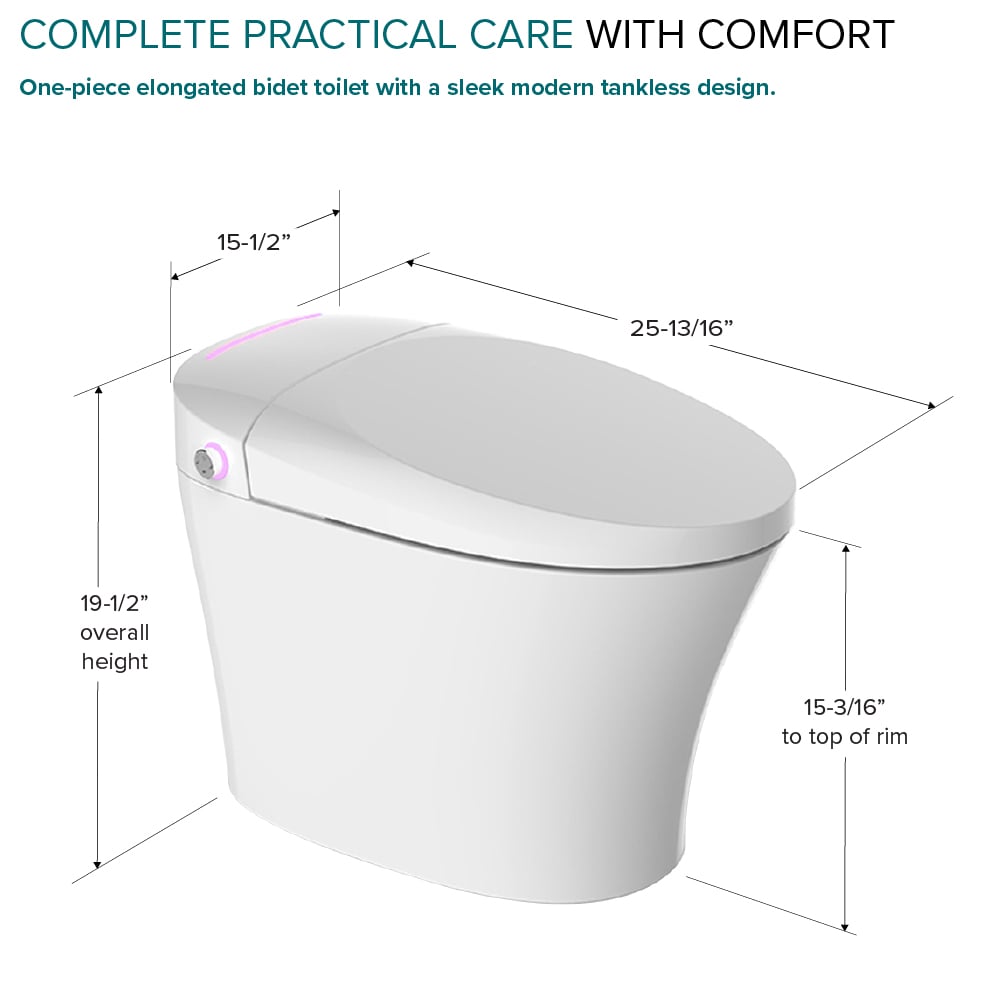 Bidet inteligente de altura estándar, doble descarga, con cierre suave en color blanco romero de Transolid, de una sola pieza y con desagüe de 12 pulgadas. 1.28 GPF TL-5401-A.