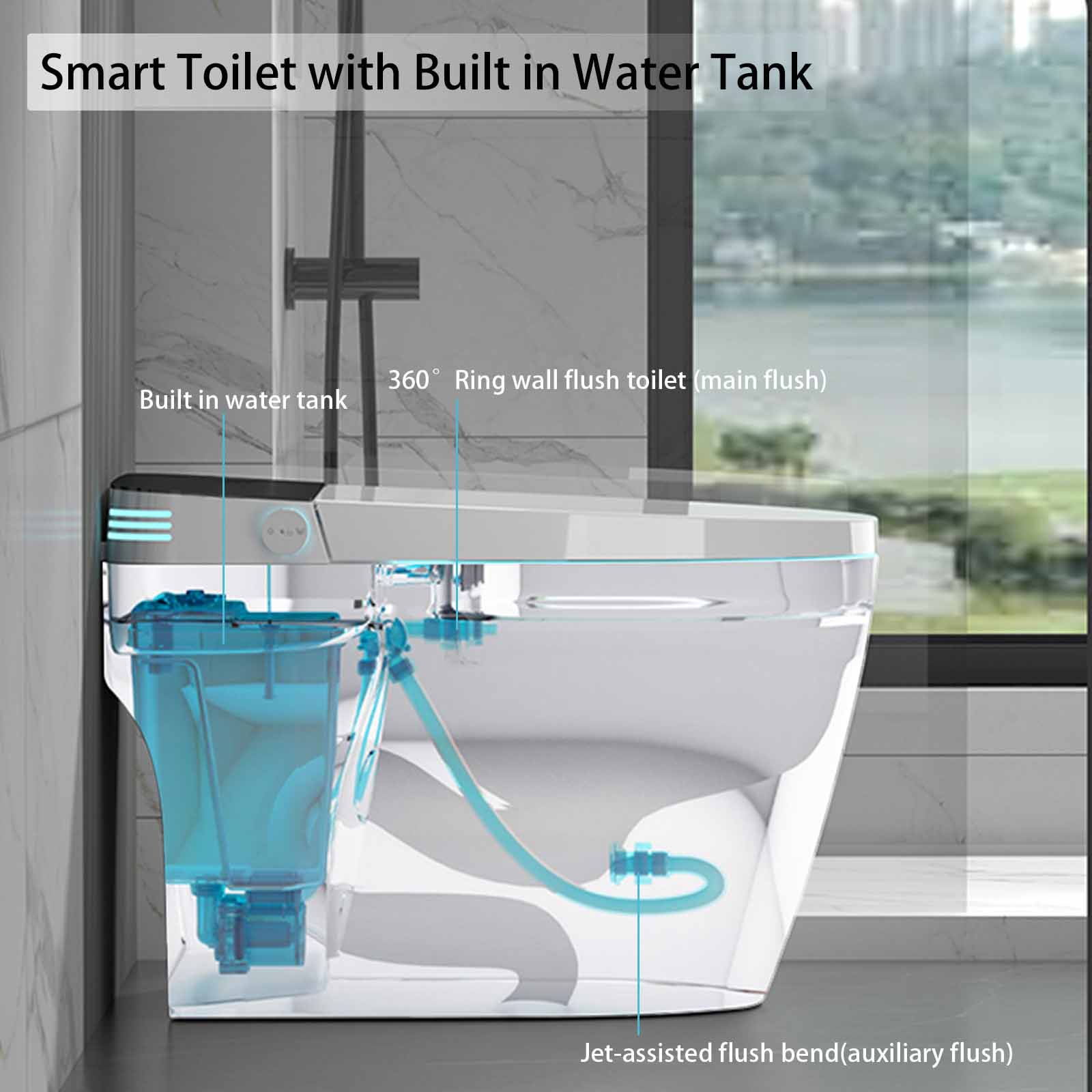 Mondawe Blanco con Descarga Dual Elongado Altura Estándar Bidet Inteligente de 1 Pieza con Descarga de 12 pulgadas y 1.28 GPF MD-JP-09921