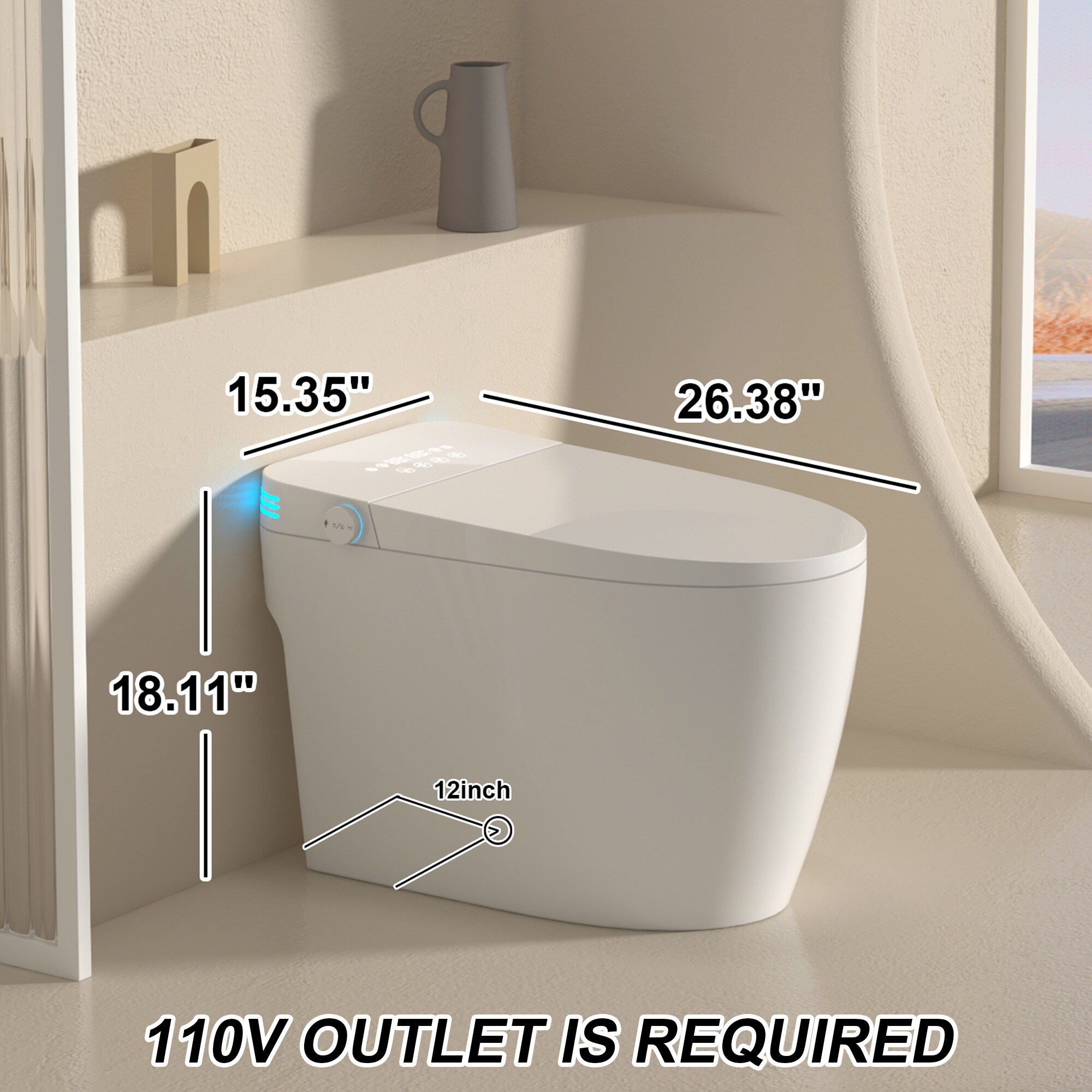 Mondawe Blanco con Descarga Dual Elongado Altura Estándar Bidet Inteligente de 1 Pieza con Descarga de 12 pulgadas y 1.28 GPF MD-JP-09921
