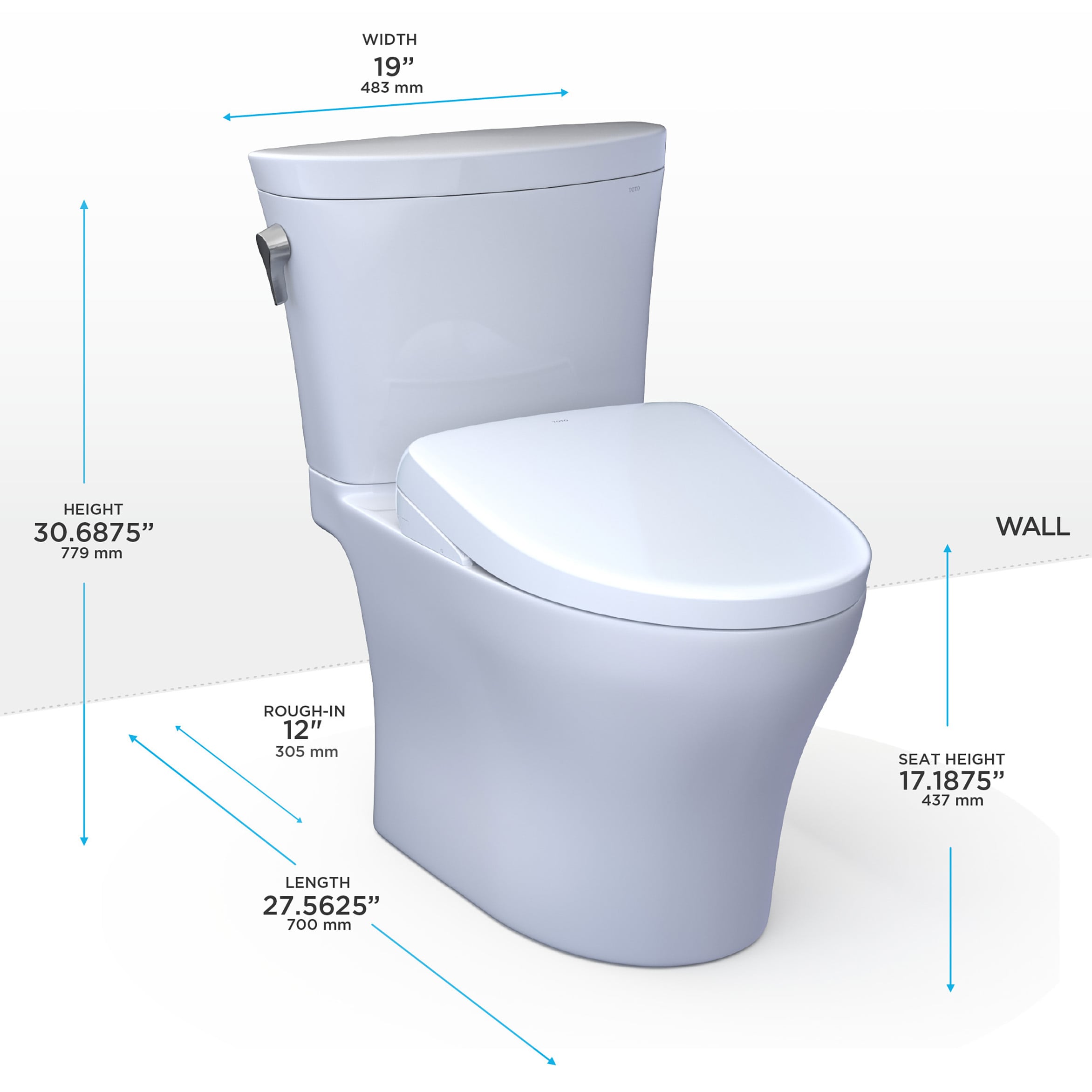 TOTO Aquia Blanco Algodón Bidet de Altura de Silla alargada de Doble Descarga de 2 Piezas a 12 pulgadas de Empotrable y 1.28 GPF MW4484726CEMFGN-01.