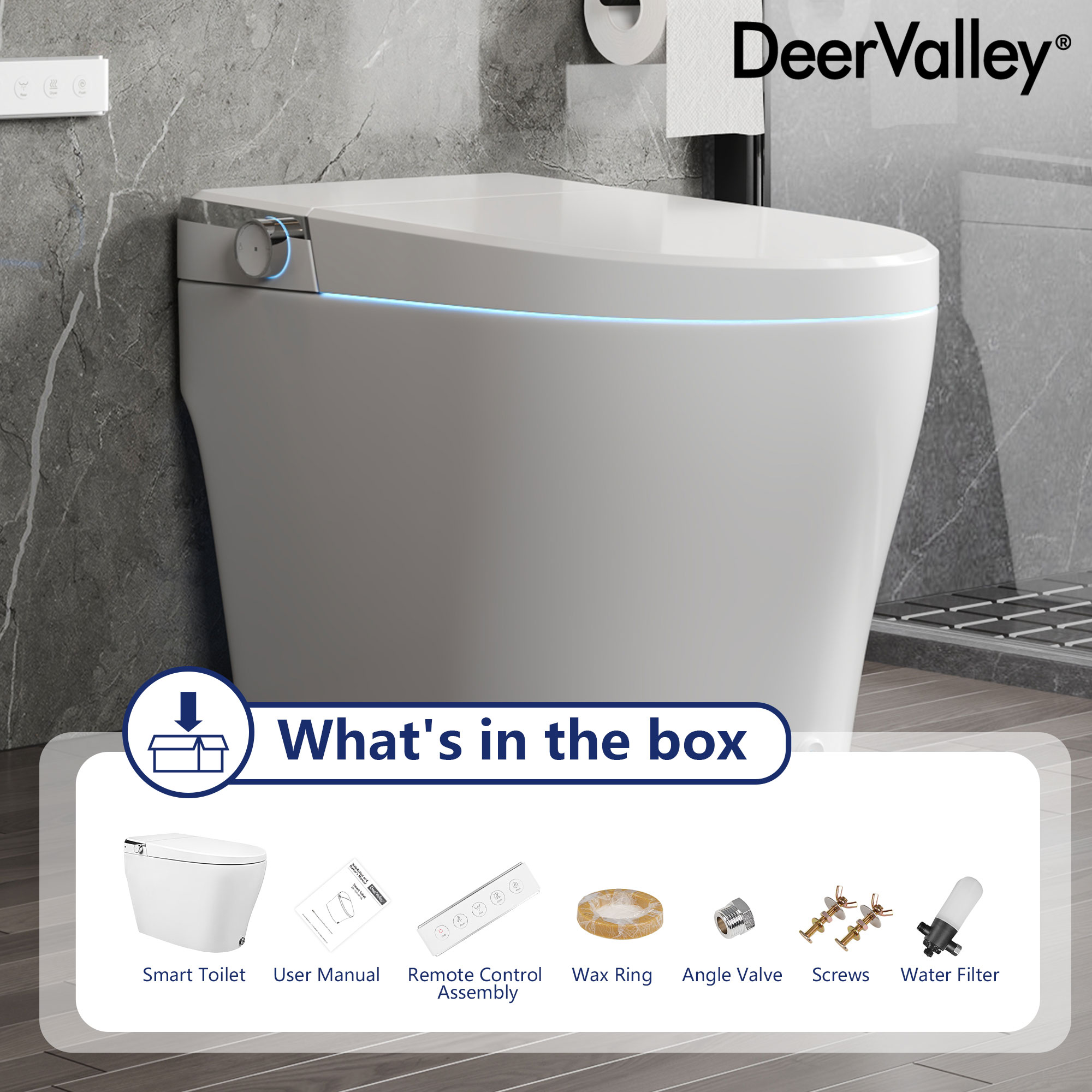 DeerValley Vertex Blanco Descarga sin Contacto Alargado Altura Estándar Inteligente Cierre Suave 1 Pieza Bidet 12 Pulgadas de Entramado Rudo 1.28 GPF DV-1S0029-V3