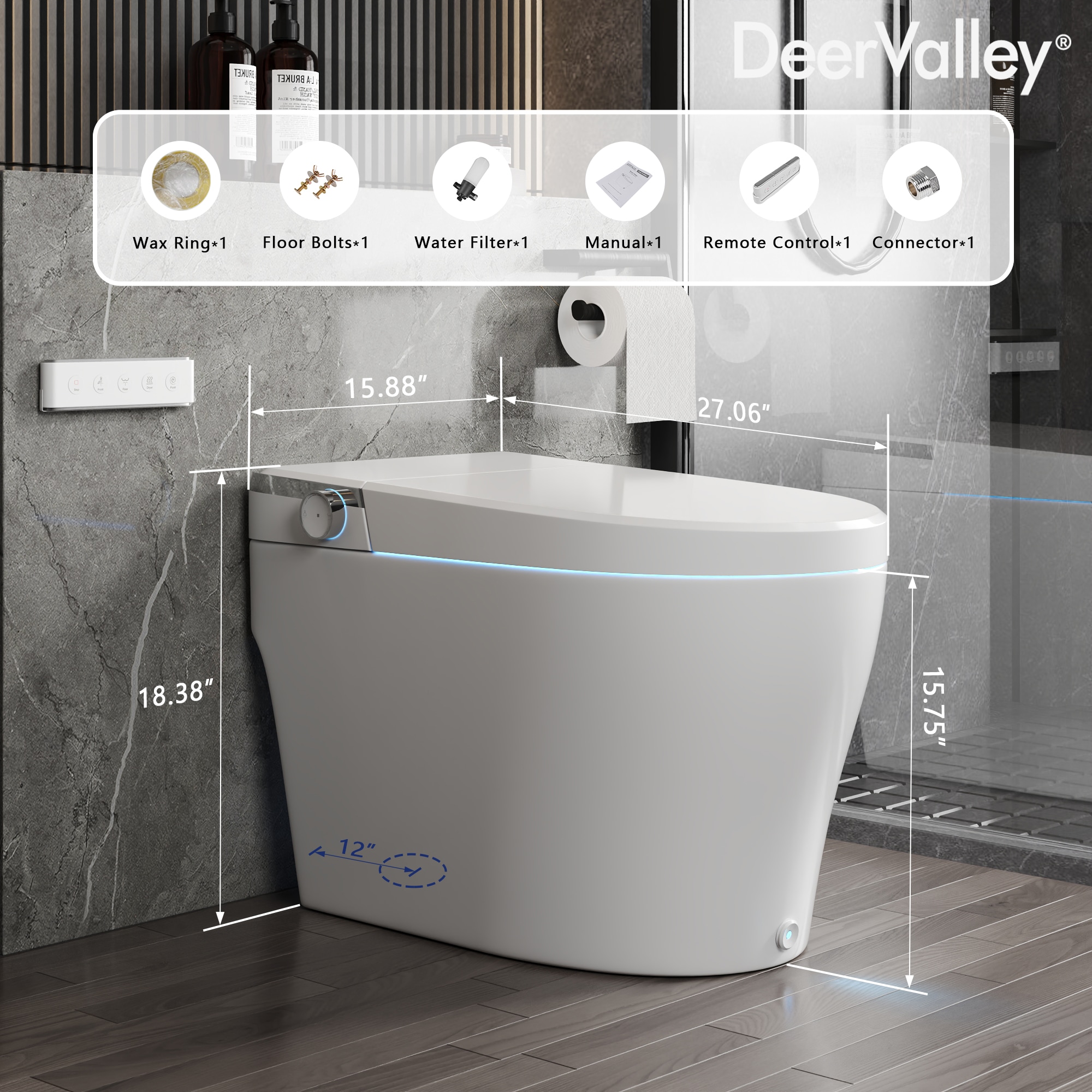 DeerValley Vertex Blanco Descarga sin Contacto Alargado Altura Estándar Inteligente Cierre Suave 1 Pieza Bidet 12 Pulgadas de Entramado Rudo 1.28 GPF DV-1S0029-V3